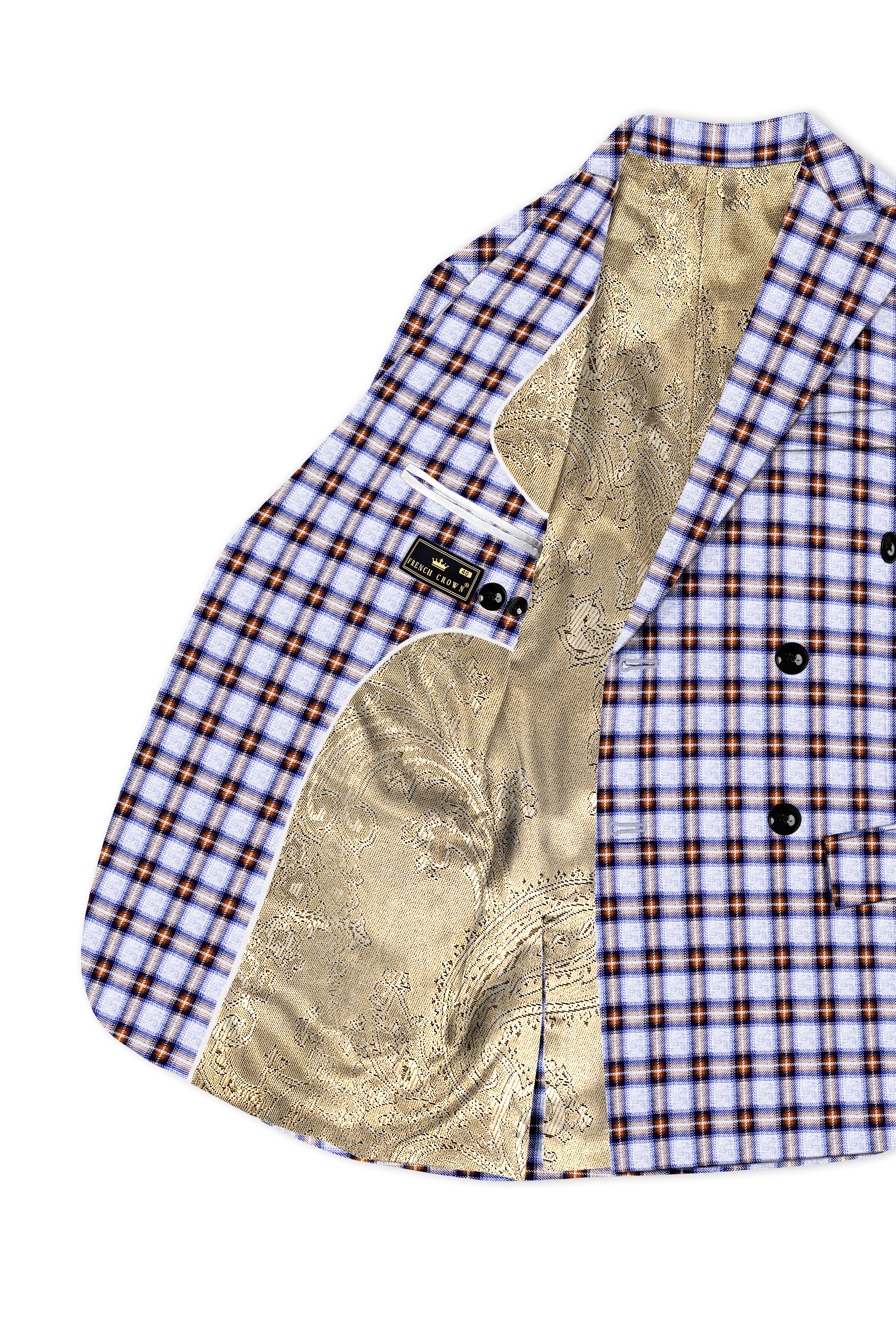 Castaire-Chateau Blue with Cocoa Brown Plaid Wool Rich Double Breasted Blazer