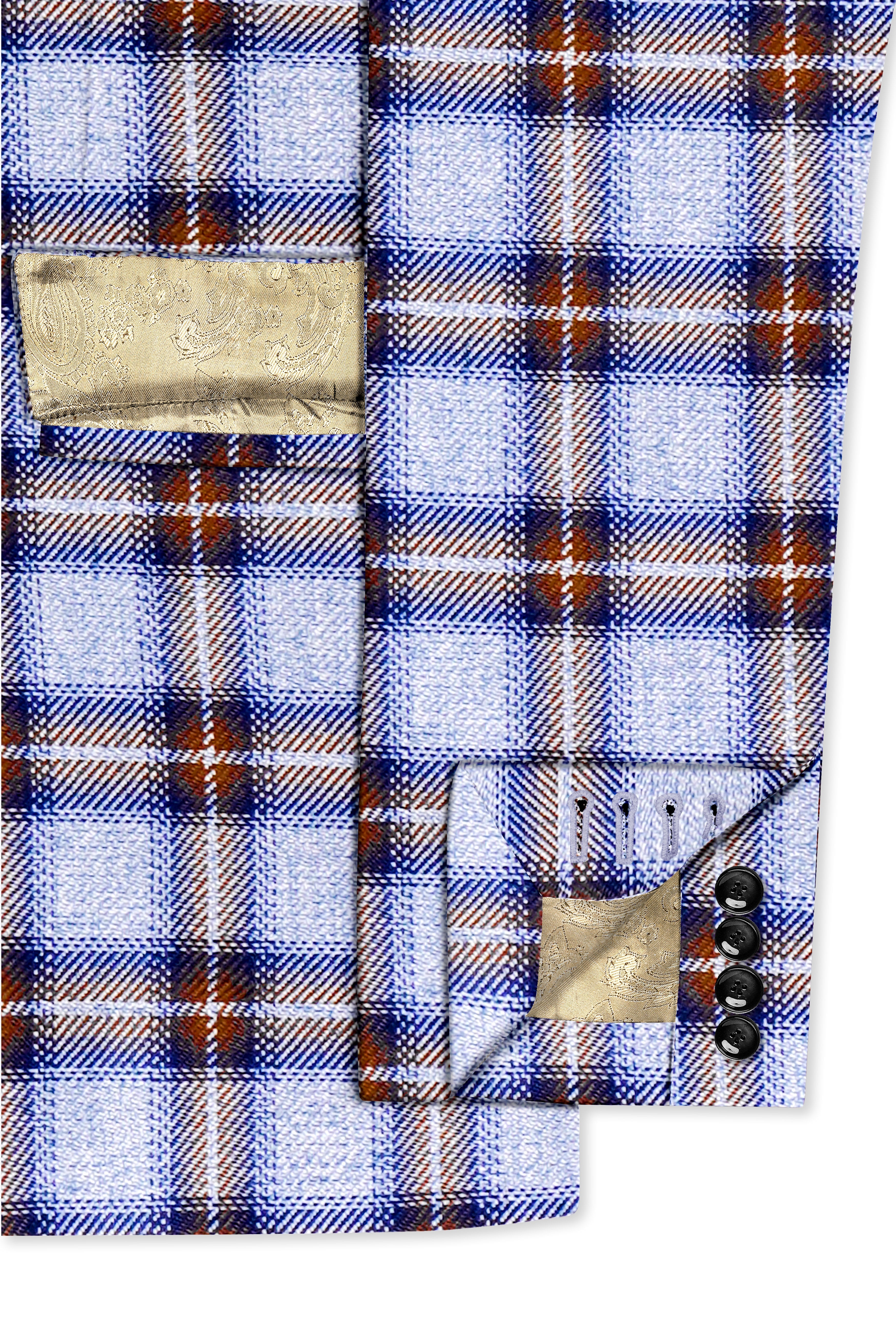 Castaire-Chateau Blue with Cocoa Brown Plaid Wool Rich Double Breasted Blazer
