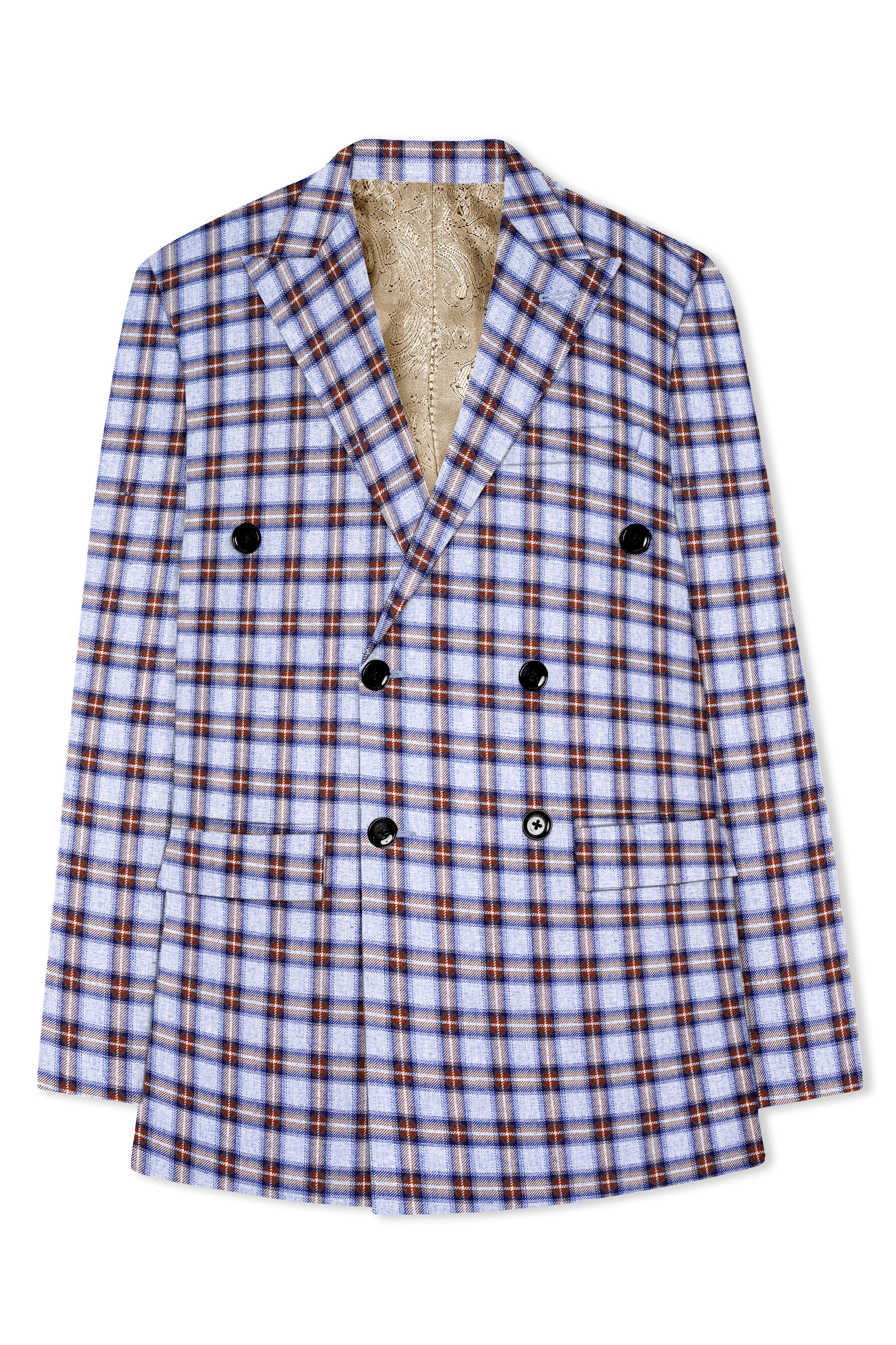 Castaire-Chateau Blue with Cocoa Brown Plaid Wool Rich Double Breasted Blazer