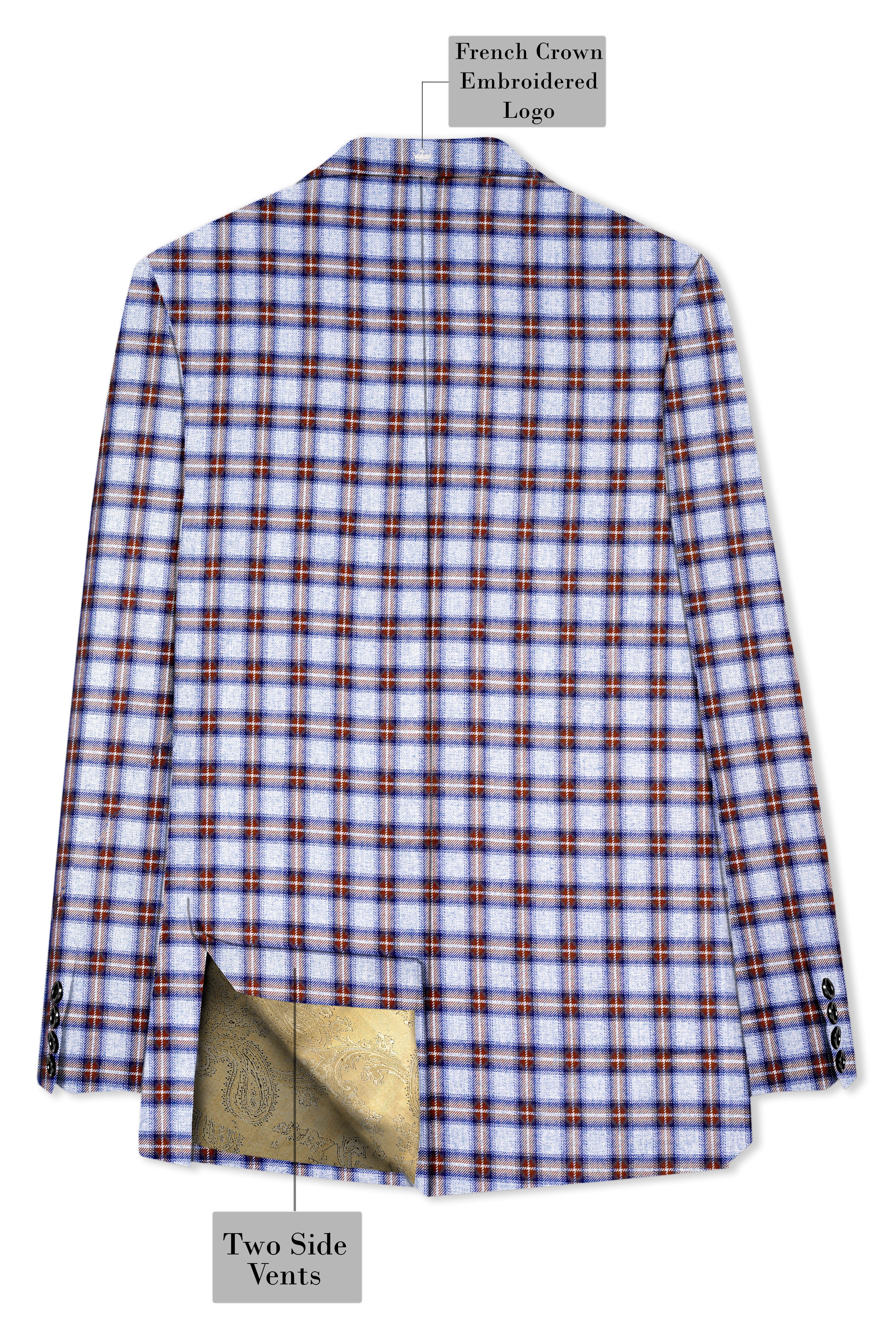 Castaire-Chateau Blue with Cocoa Brown Plaid Wool Rich Double Breasted Blazer