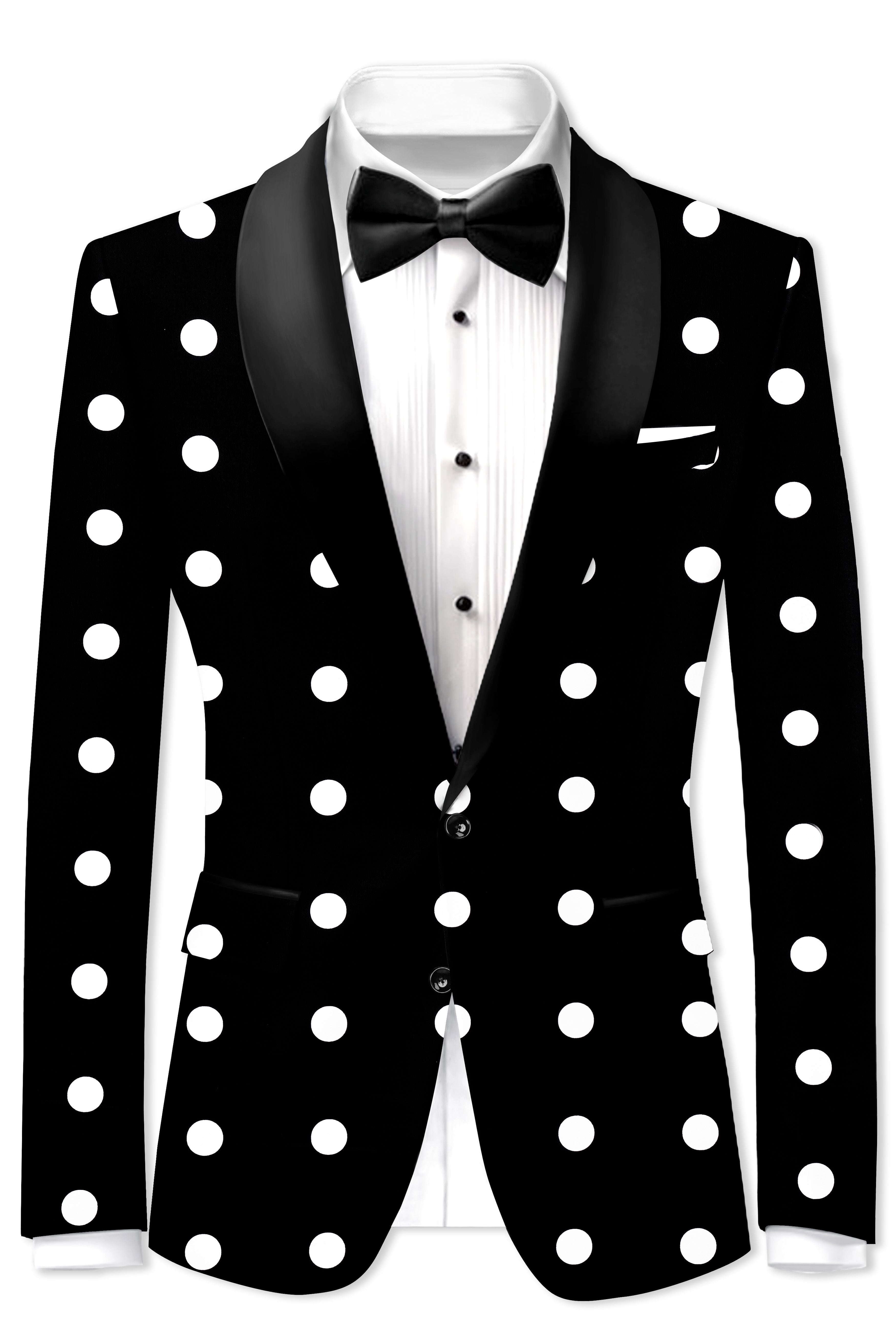 Noirdot-Jade Black and Bright White Polka Dotted Printed Premium Cotton Tuxedo Blazer