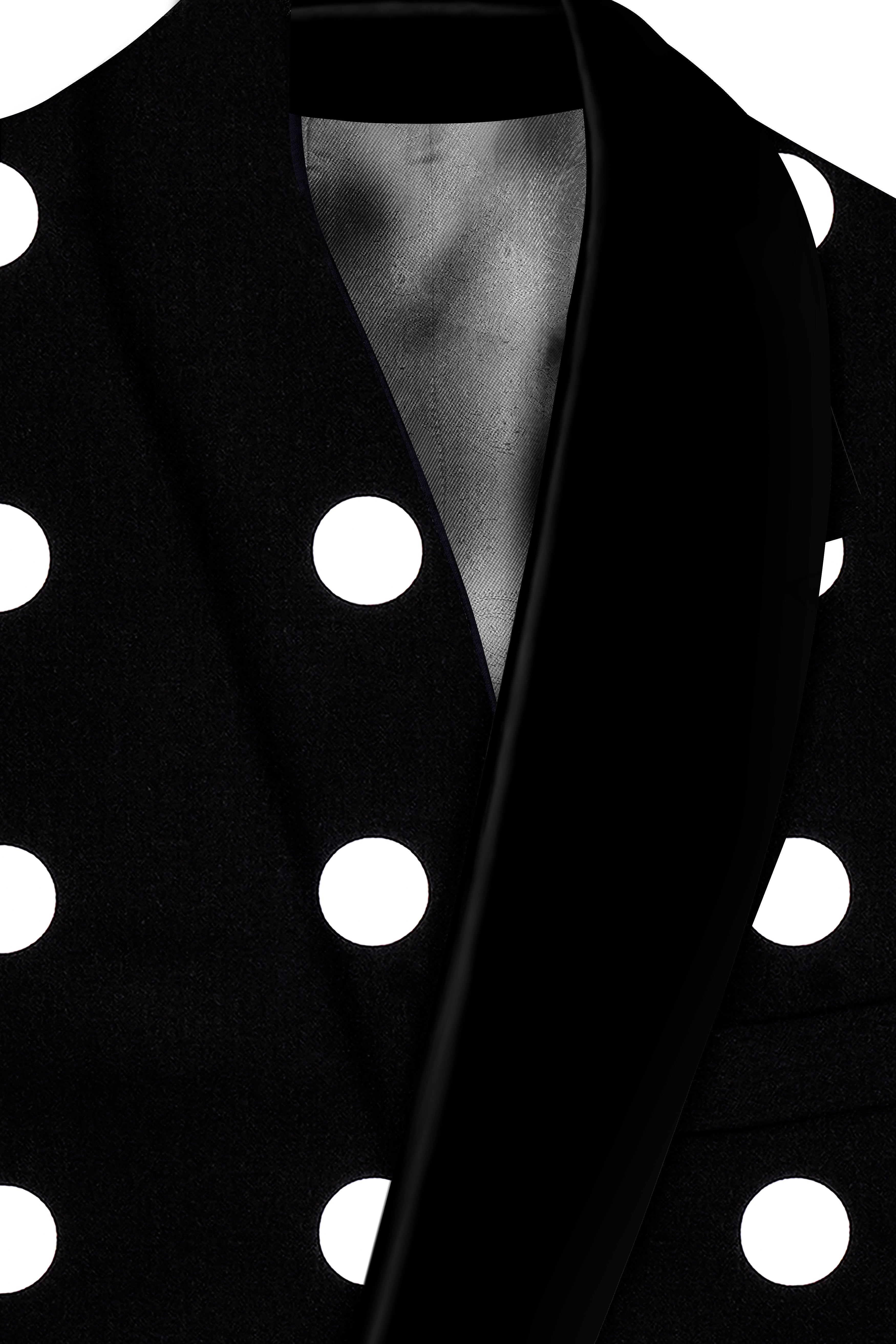 Noirdot-Jade Black and Bright White Polka Dotted Printed Premium Cotton Tuxedo Blazer