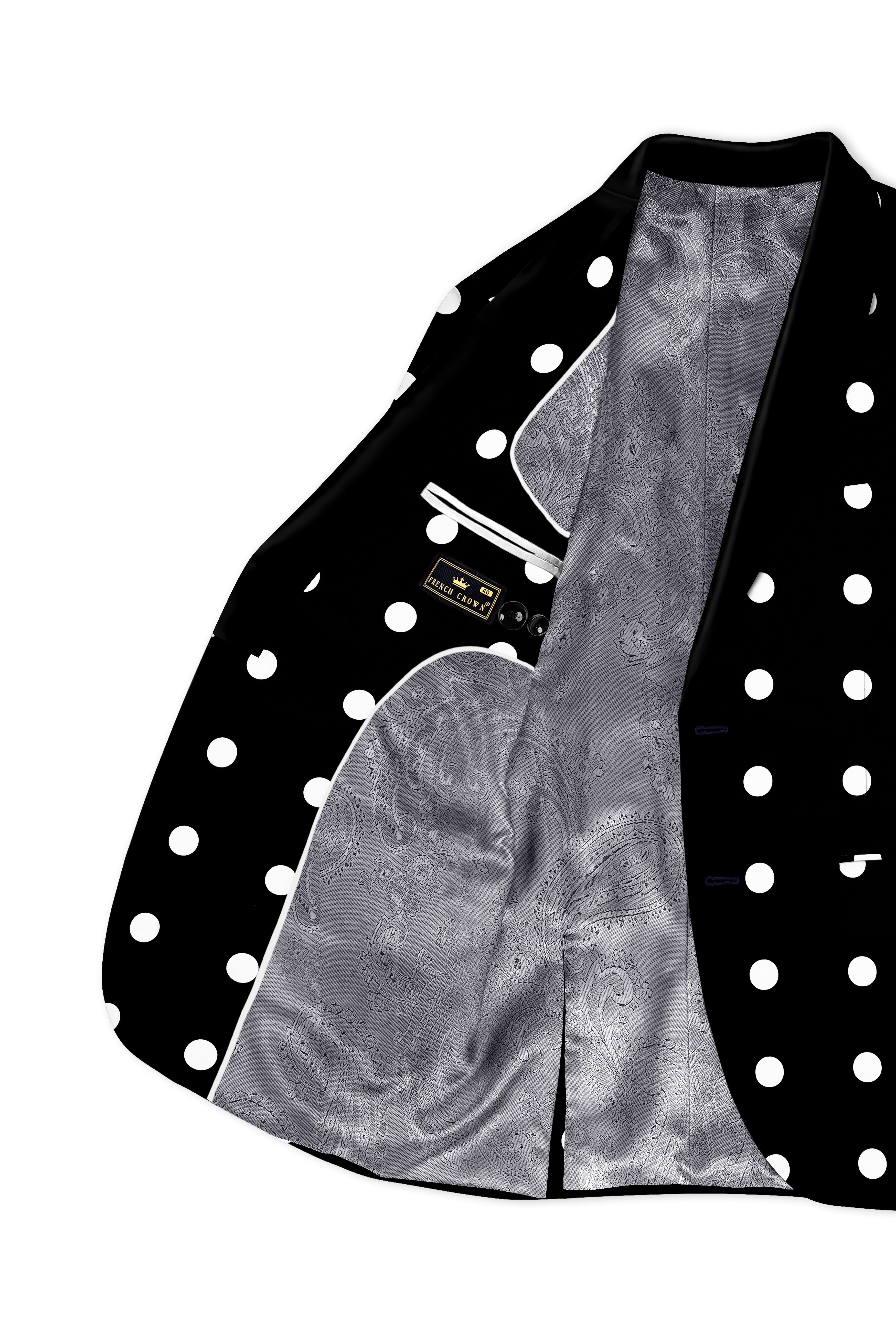 Noirdot-Jade Black and Bright White Polka Dotted Printed Premium Cotton Tuxedo Blazer
