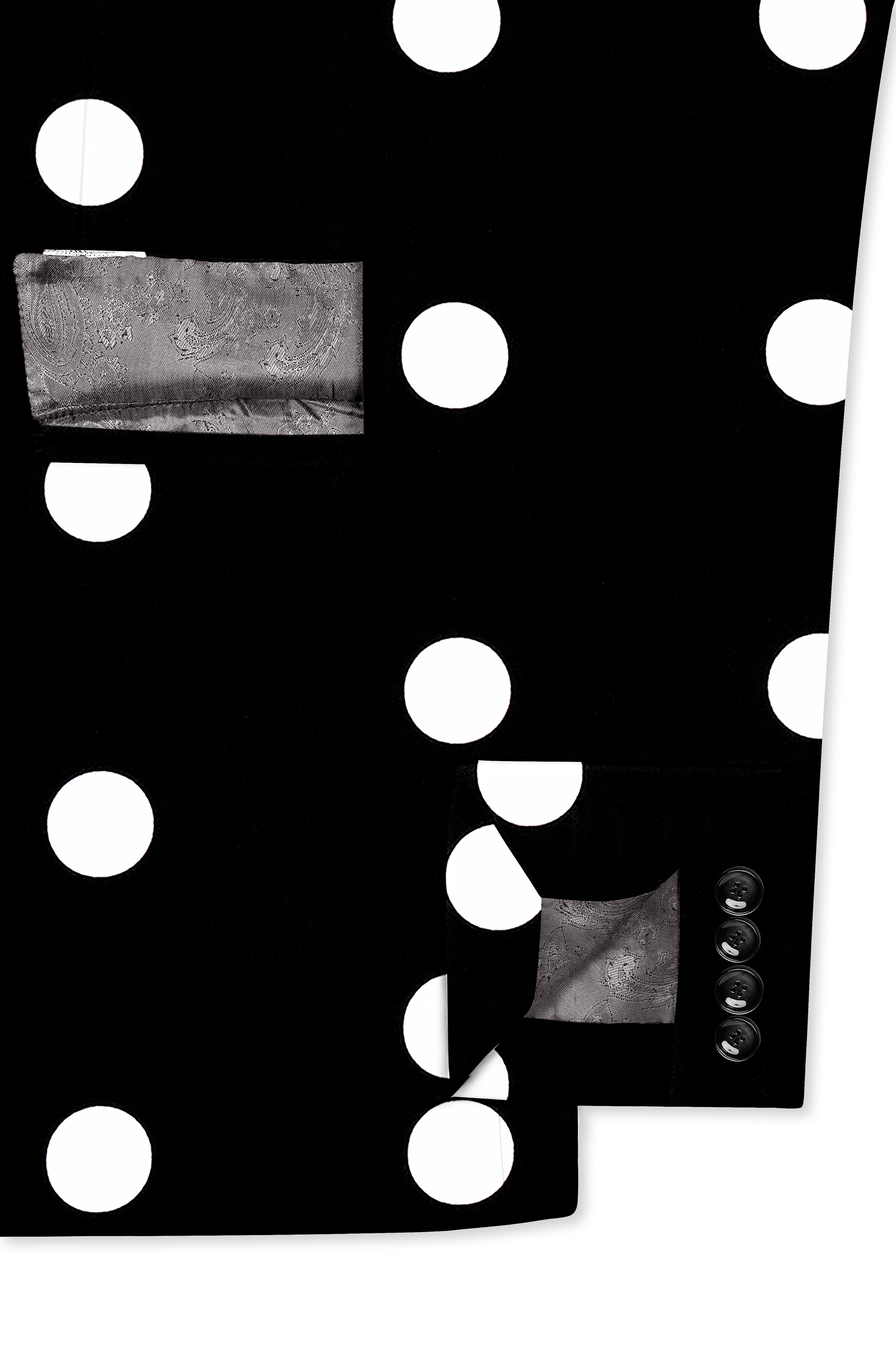Noirdot-Jade Black and Bright White Polka Dotted Printed Premium Cotton Tuxedo Blazer