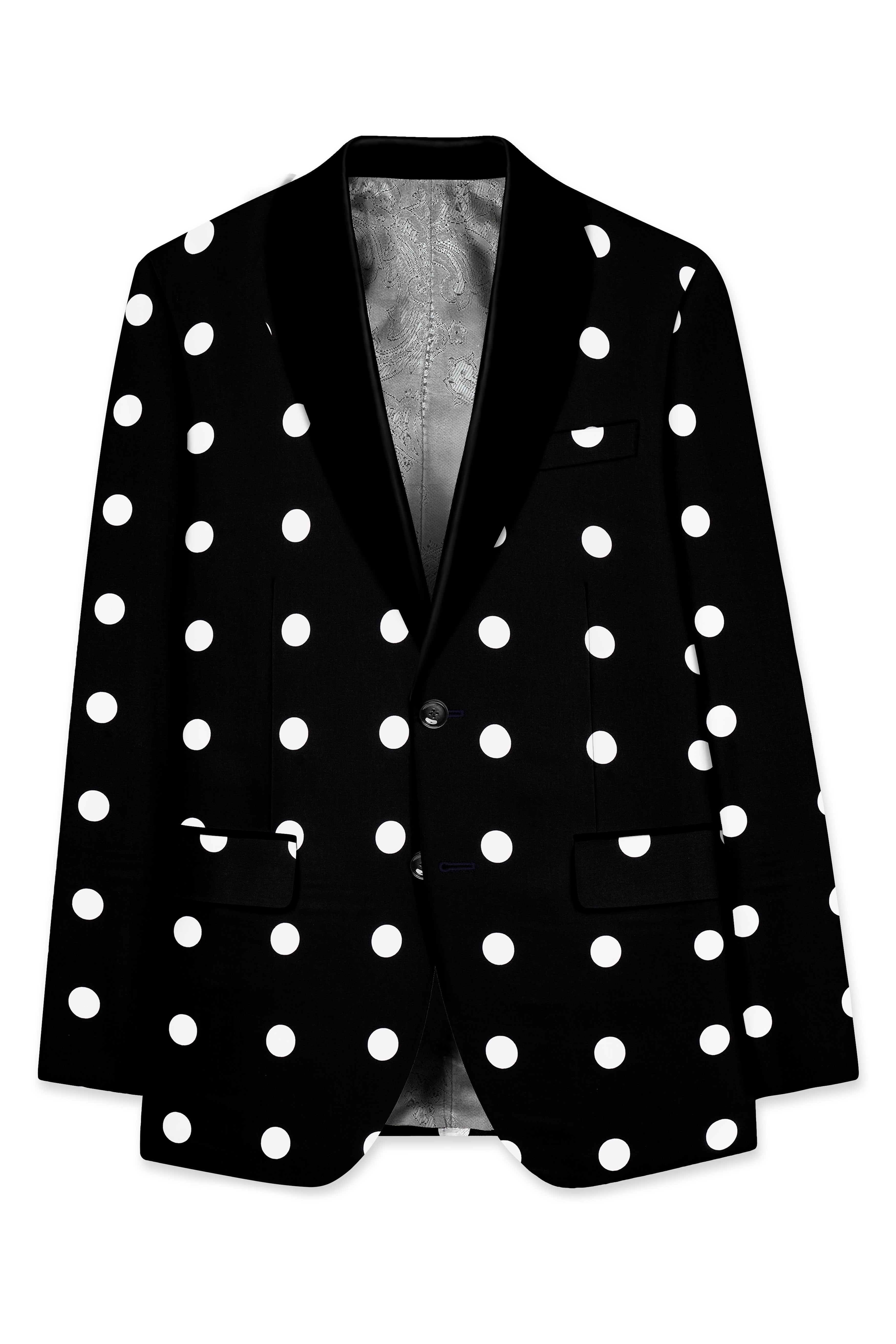 Noirdot-Jade Black and Bright White Polka Dotted Printed Premium Cotton Tuxedo Blazer