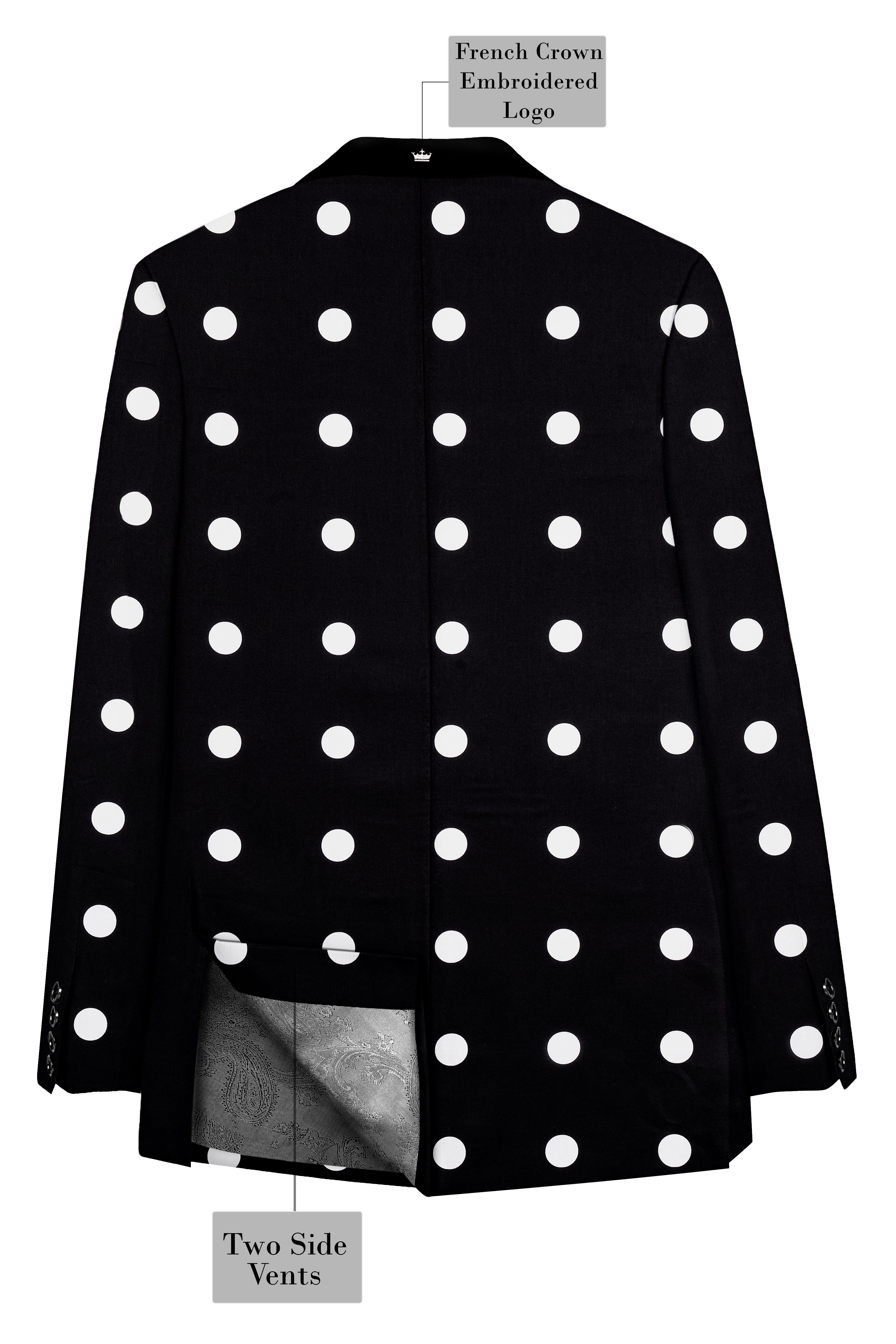 Noirdot-Jade Black and Bright White Polka Dotted Printed Premium Cotton Tuxedo Blazer
