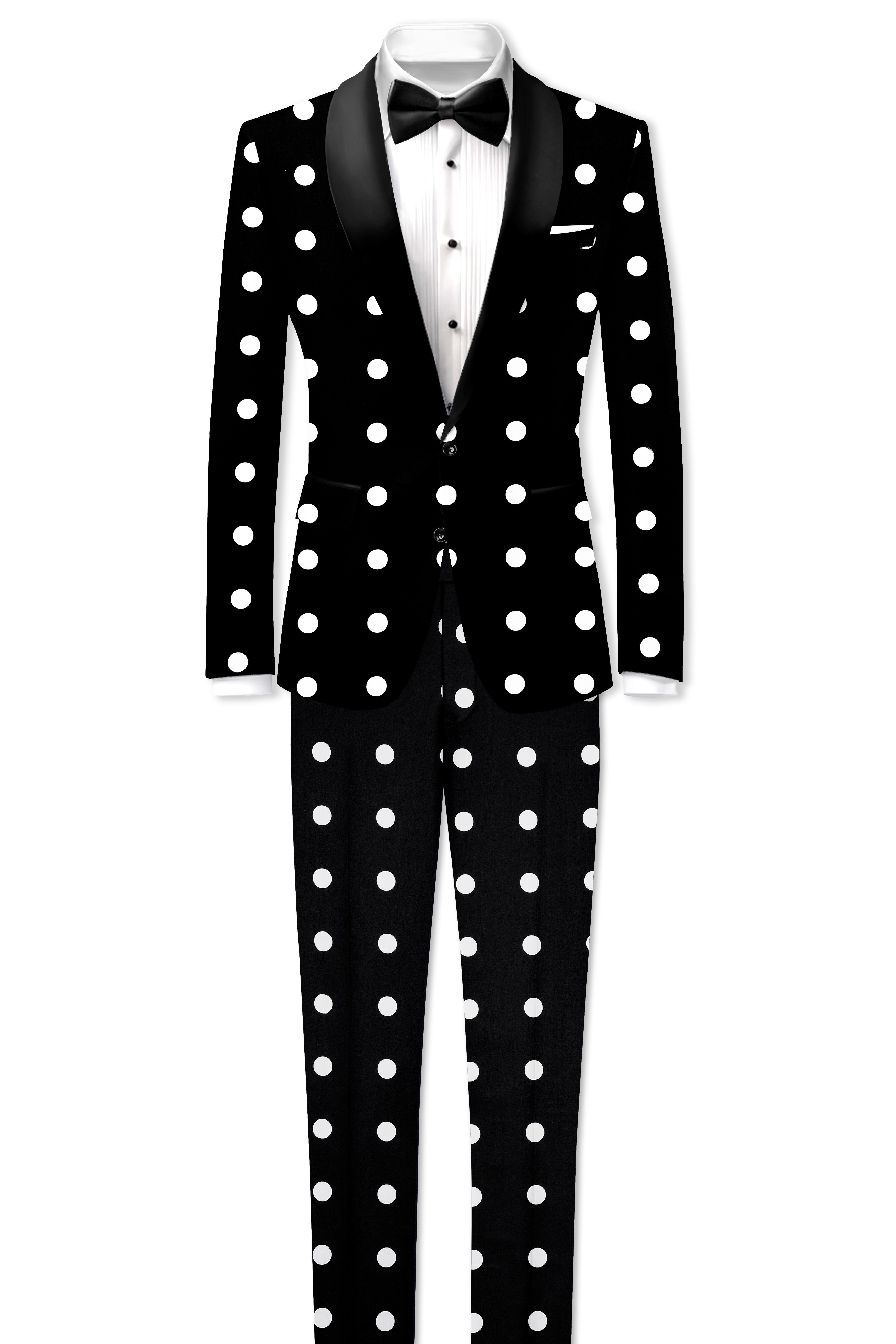 Noirdot-Jade Black and Bright White Polka Dotted Printed Premium Cotton Tuxedo Blazer