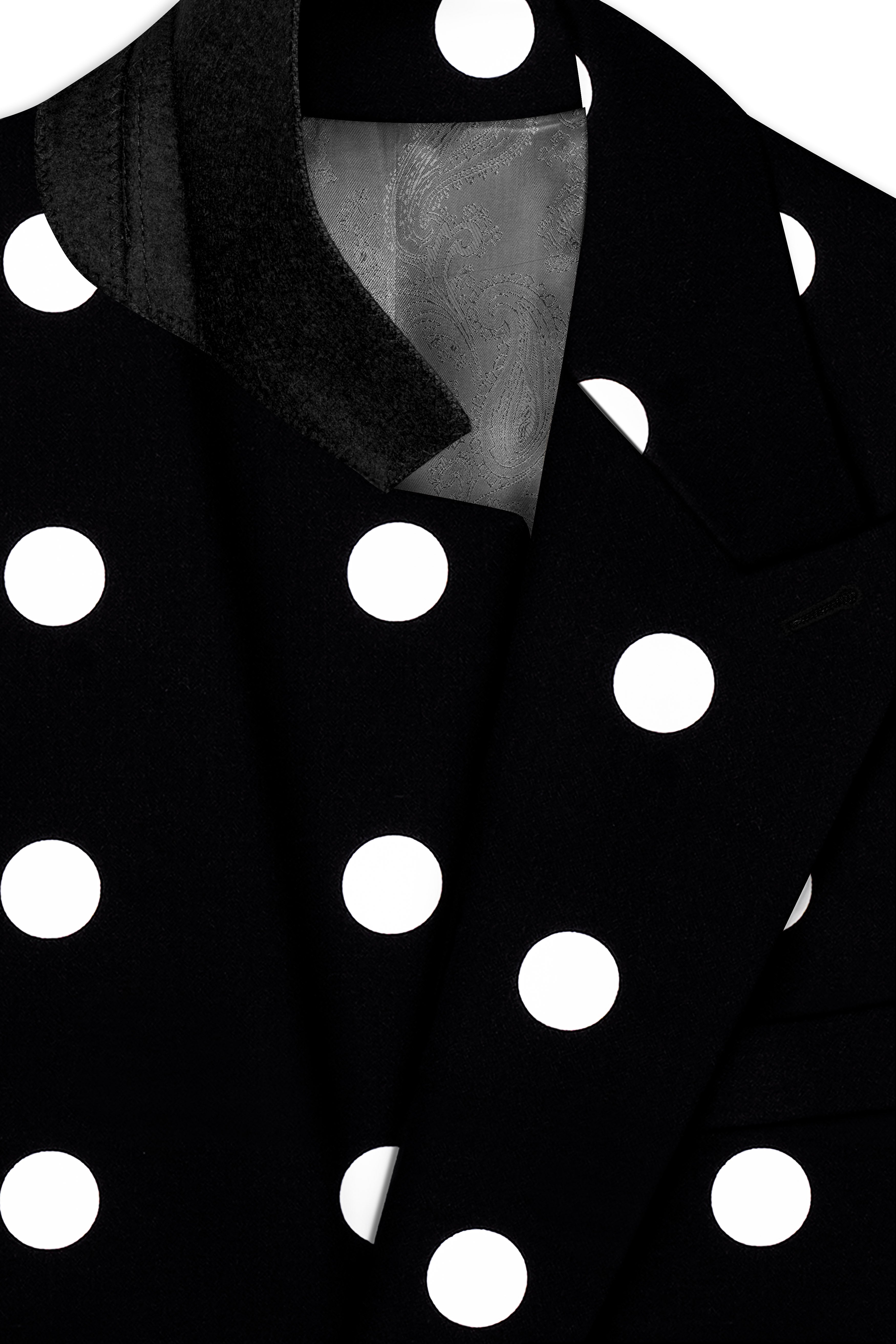 Noirdot-Jade Black and Bright White Polka Dotted Printed Premium Cotton Double Breasted Blazer