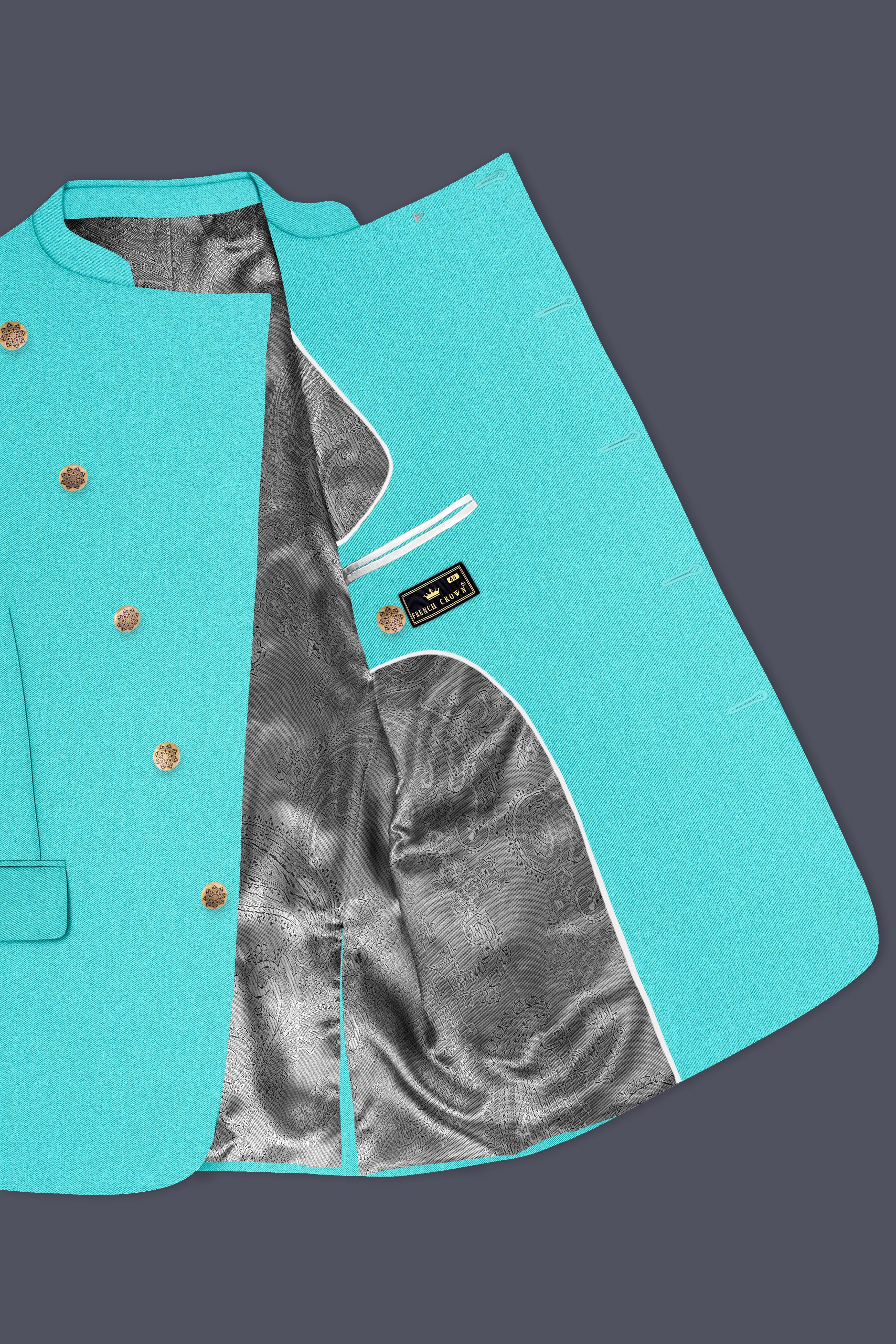 Aegir-Viking Blue Wool Rich Cross Placket Bandhgala Slight Stretch Blazer