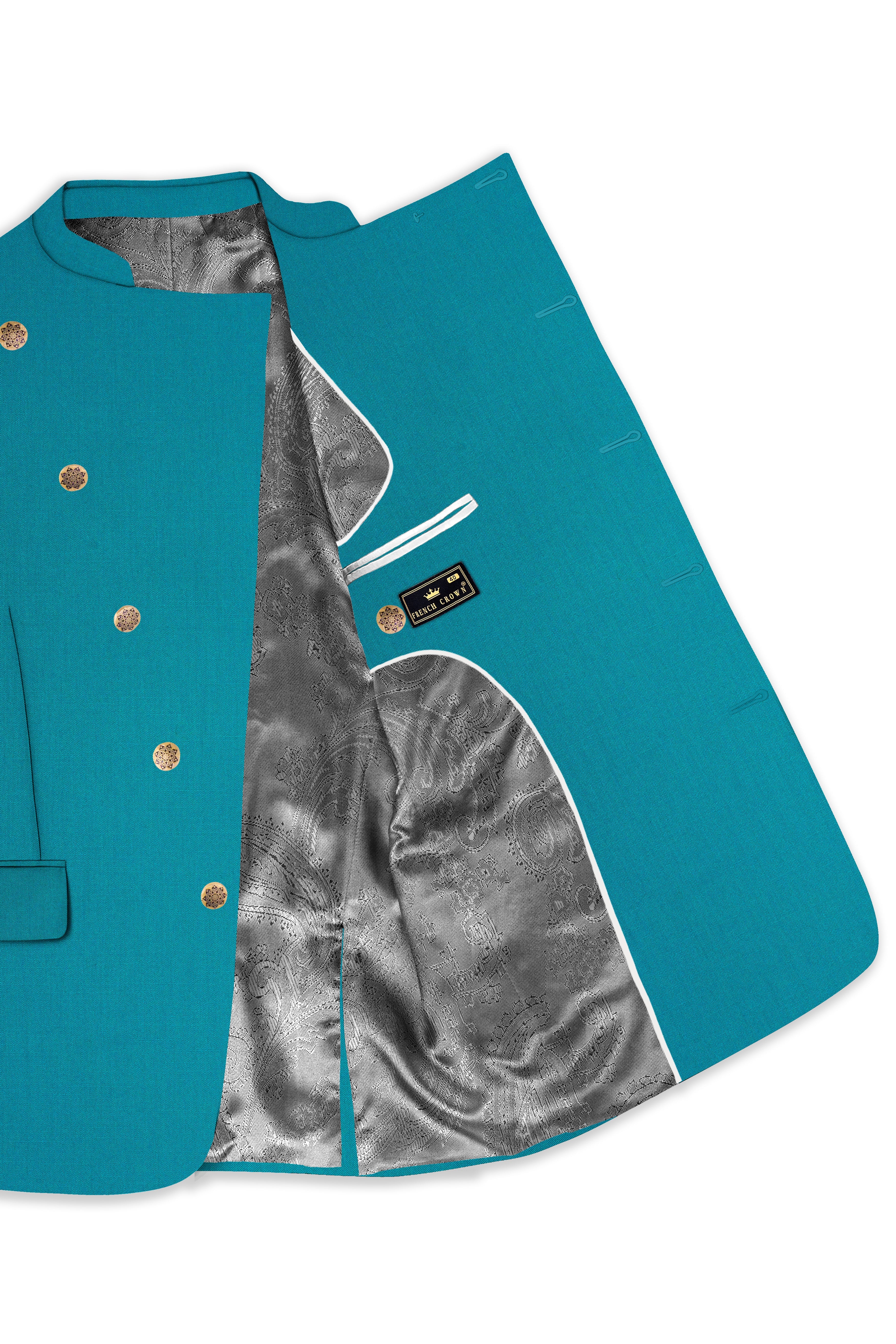 Zephir-Surfie Green Wool Rich Cross Placket Bandhgala Stretchable Traveler Blazer