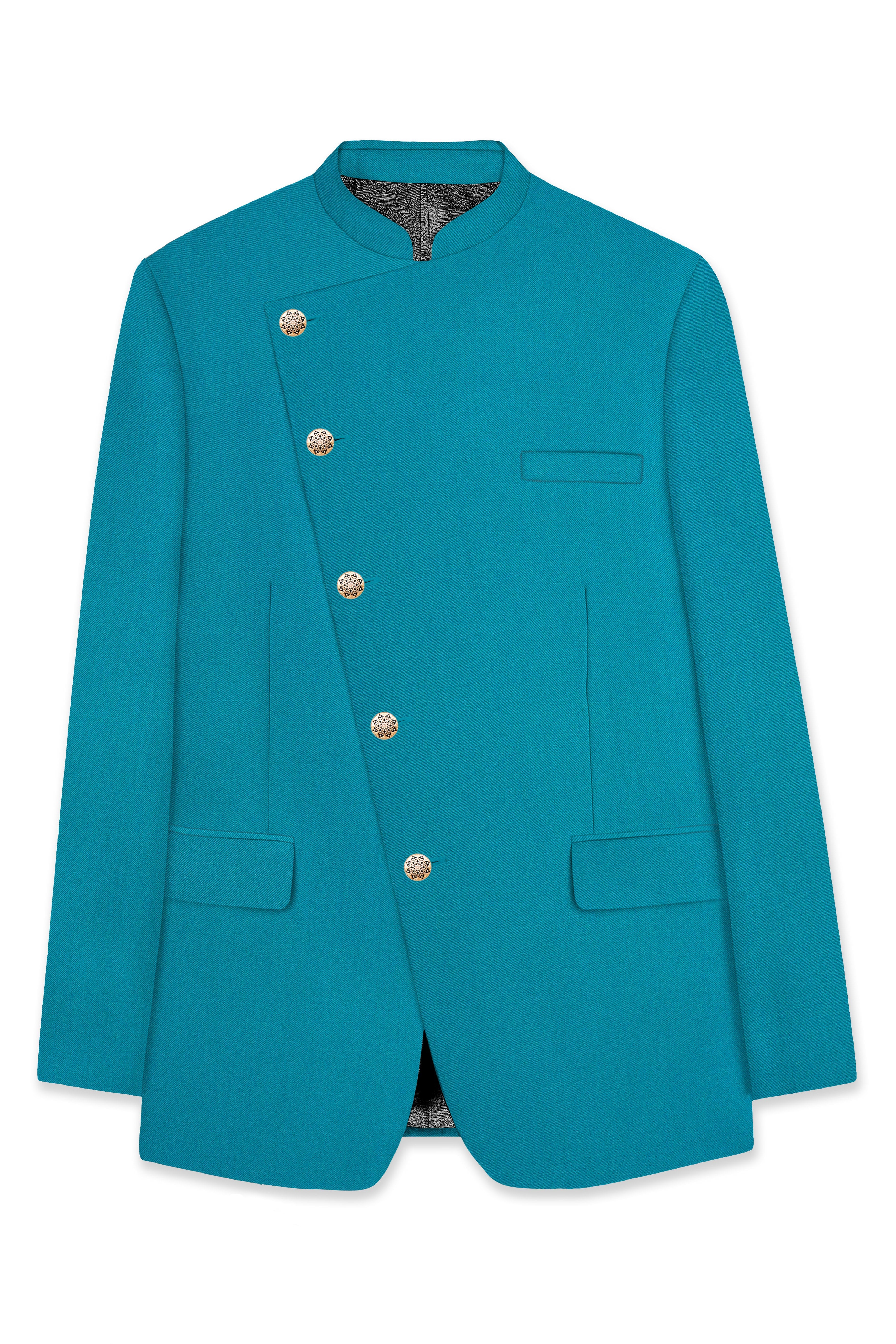 Zephir-Surfie Green Wool Rich Cross Placket Bandhgala Stretchable Traveler Blazer