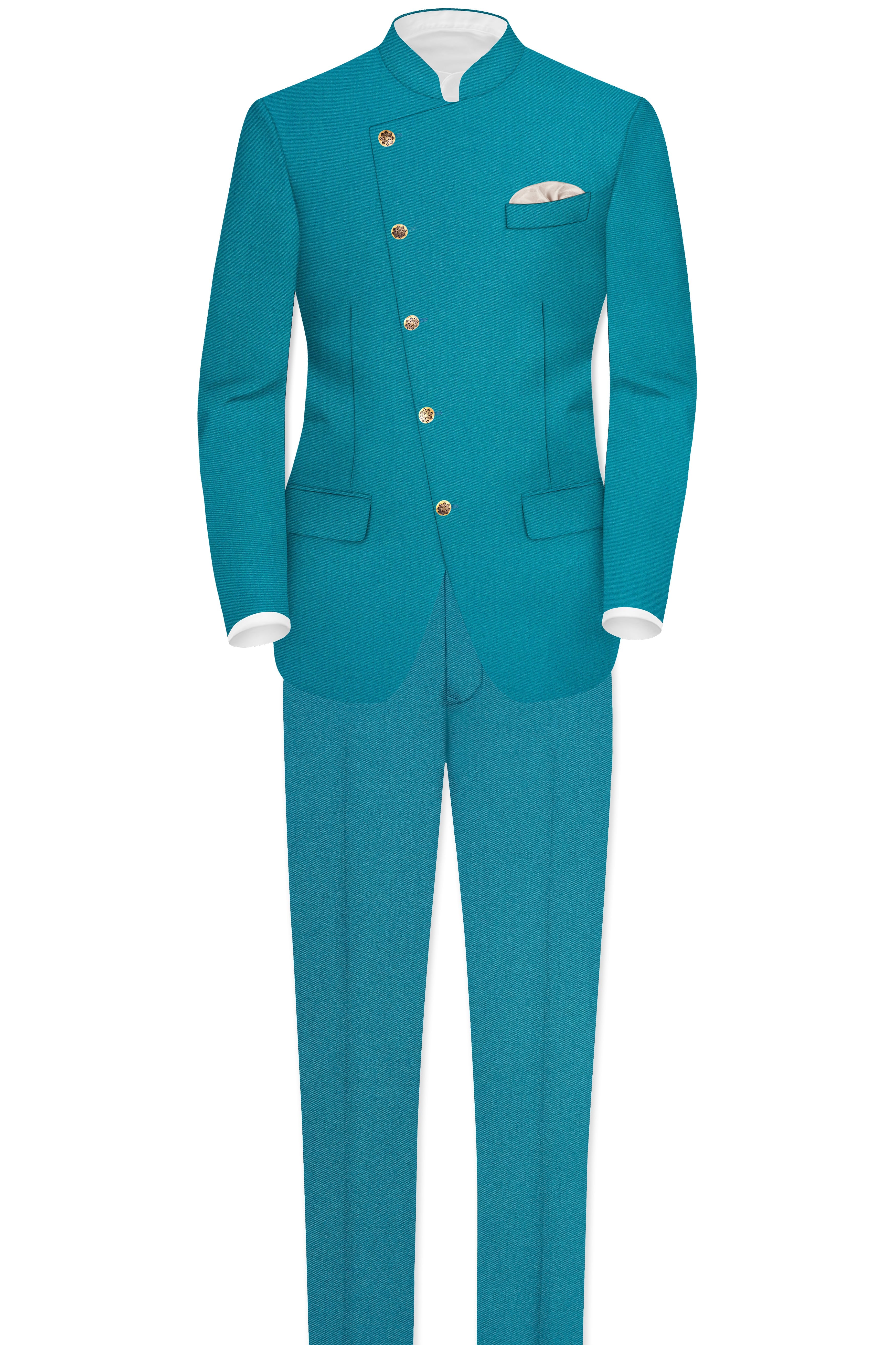 Zephir-Surfie Green Wool Rich Cross Placket Bandhgala Stretchable Traveler Blazer
