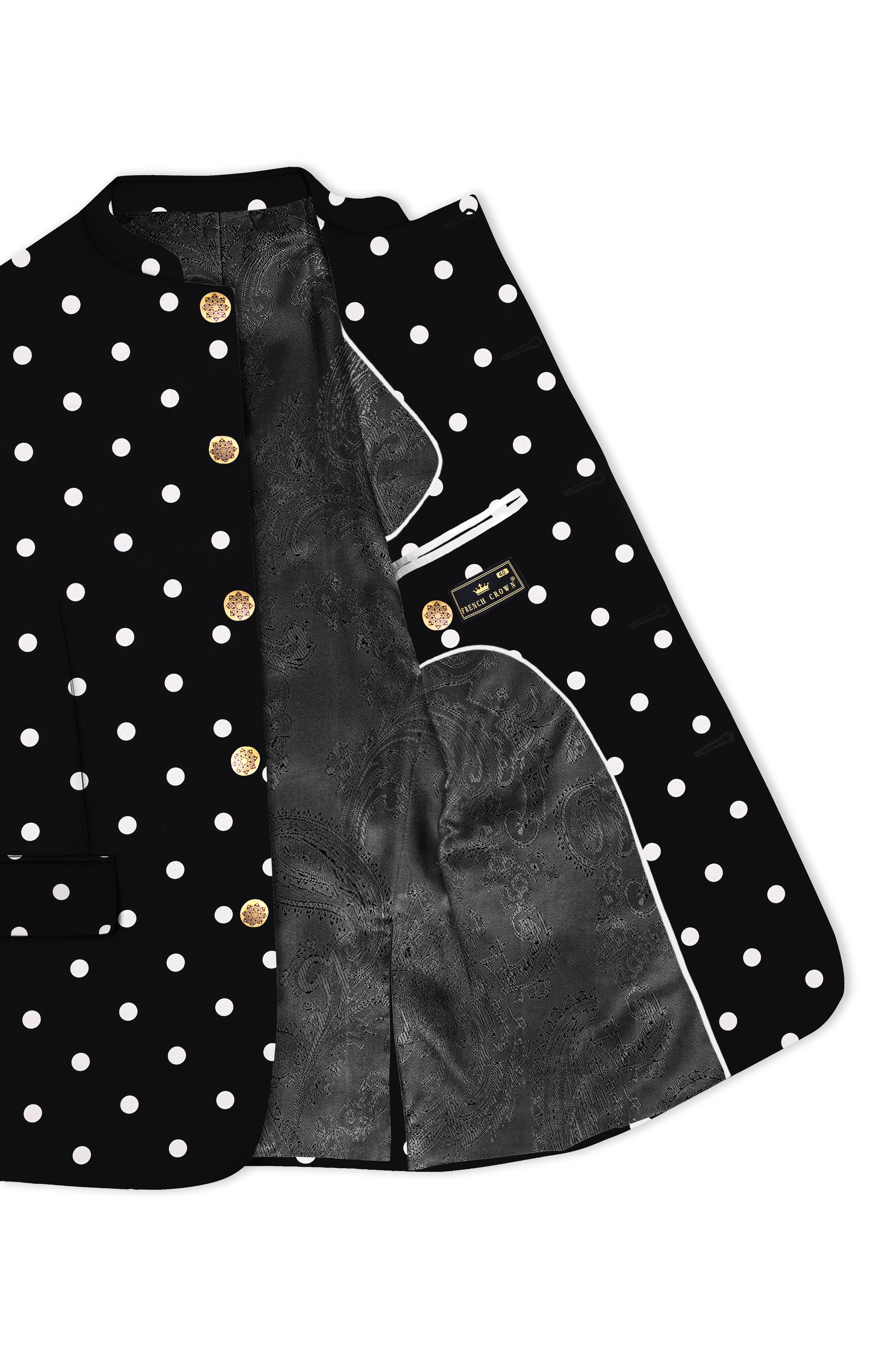 Noirdot-Jade Black Dots Polka Printed Premium Cotton Bandhgala Blazer