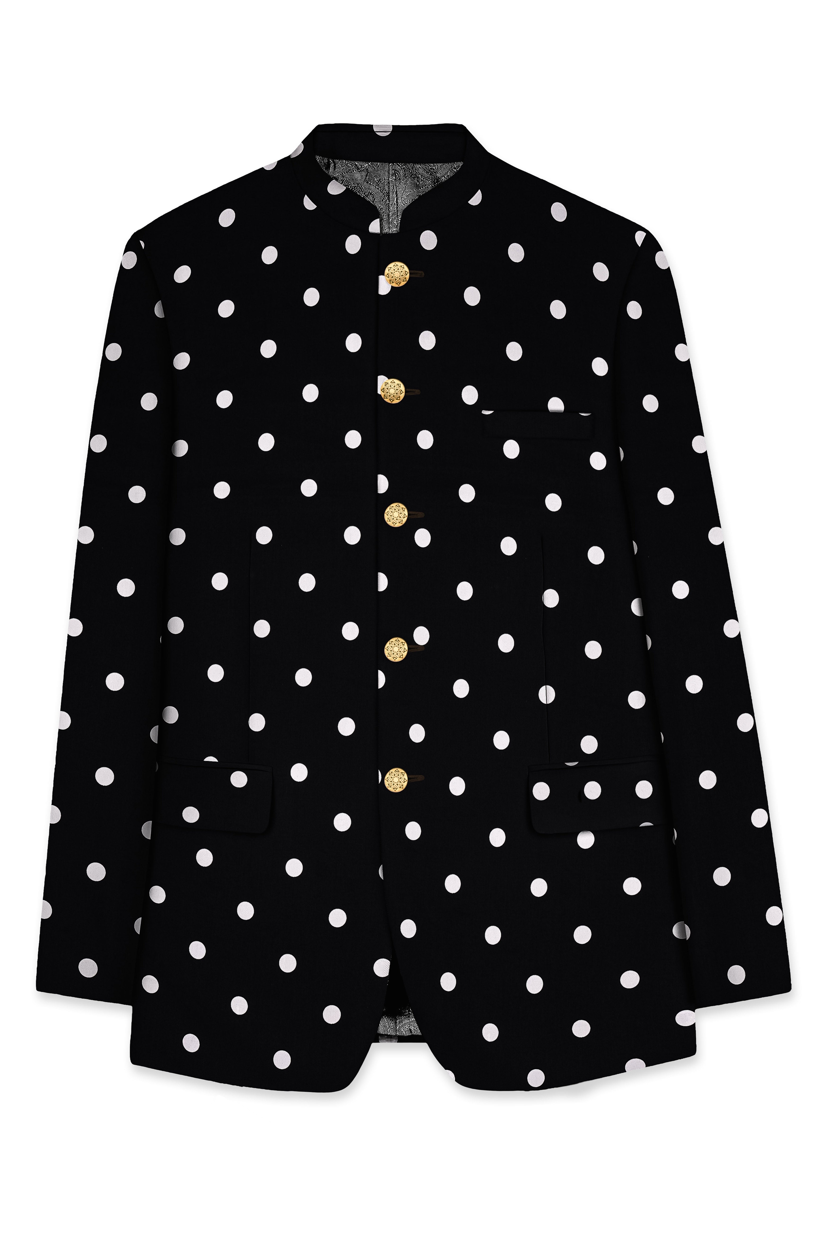 Noirdot-Jade Black Dots Polka Printed Premium Cotton Bandhgala Blazer