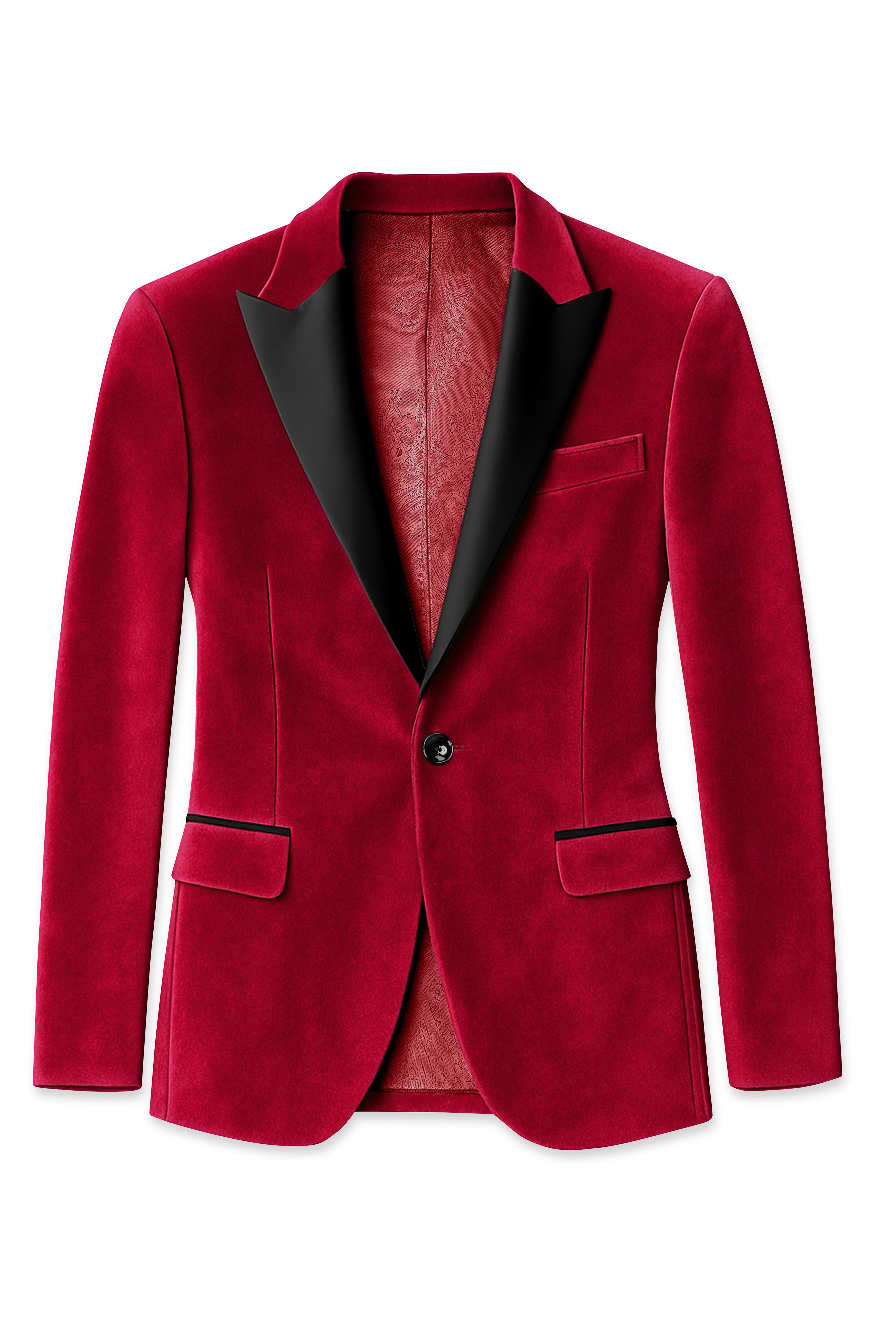 Rubivell-Carmine Red Velvet Peak Lapel Tuxedo Blazer