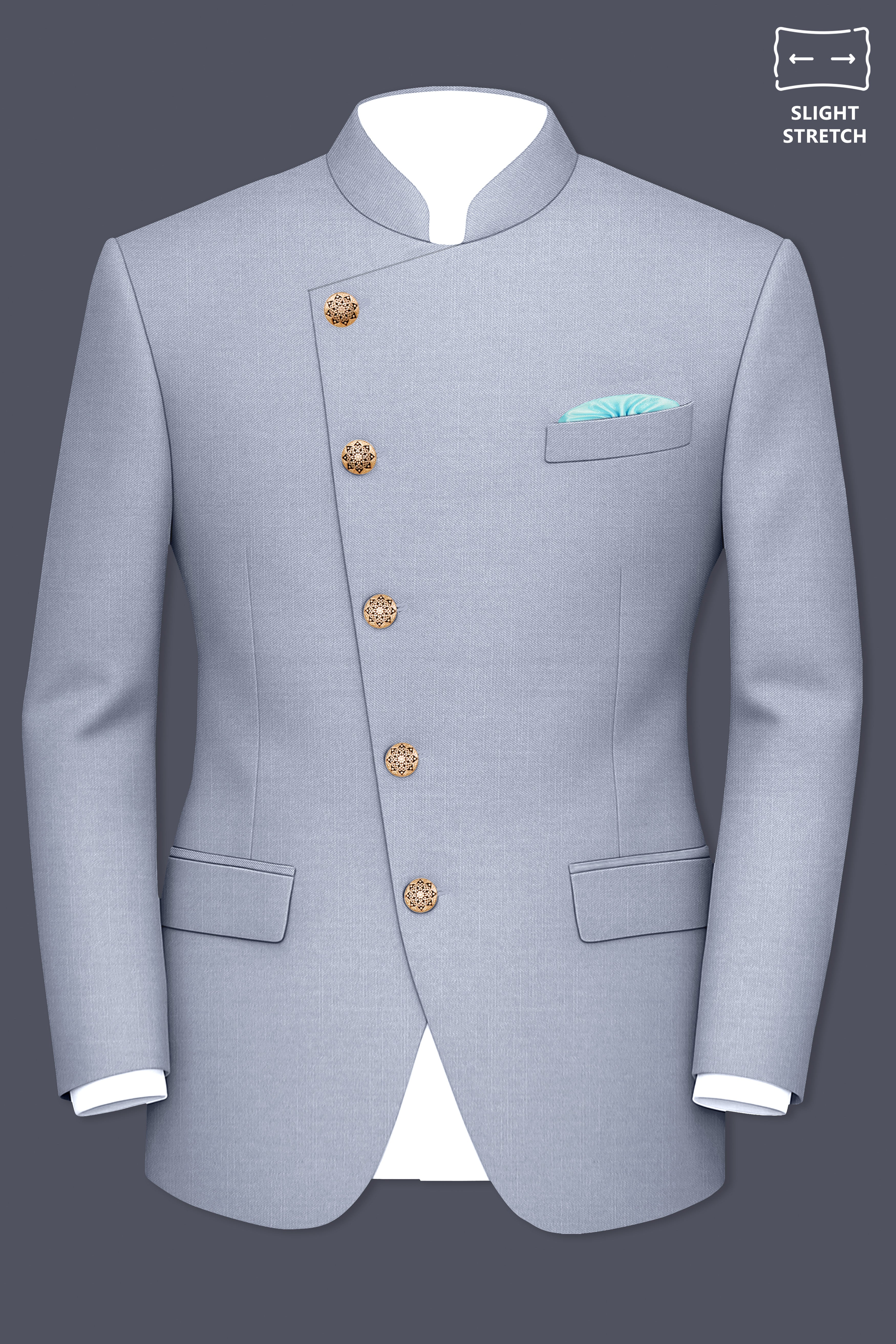 Mistivell-Mountain Mist Gray Wool Rich Cross Placket Bandhgala Stretchable traveler Blazer