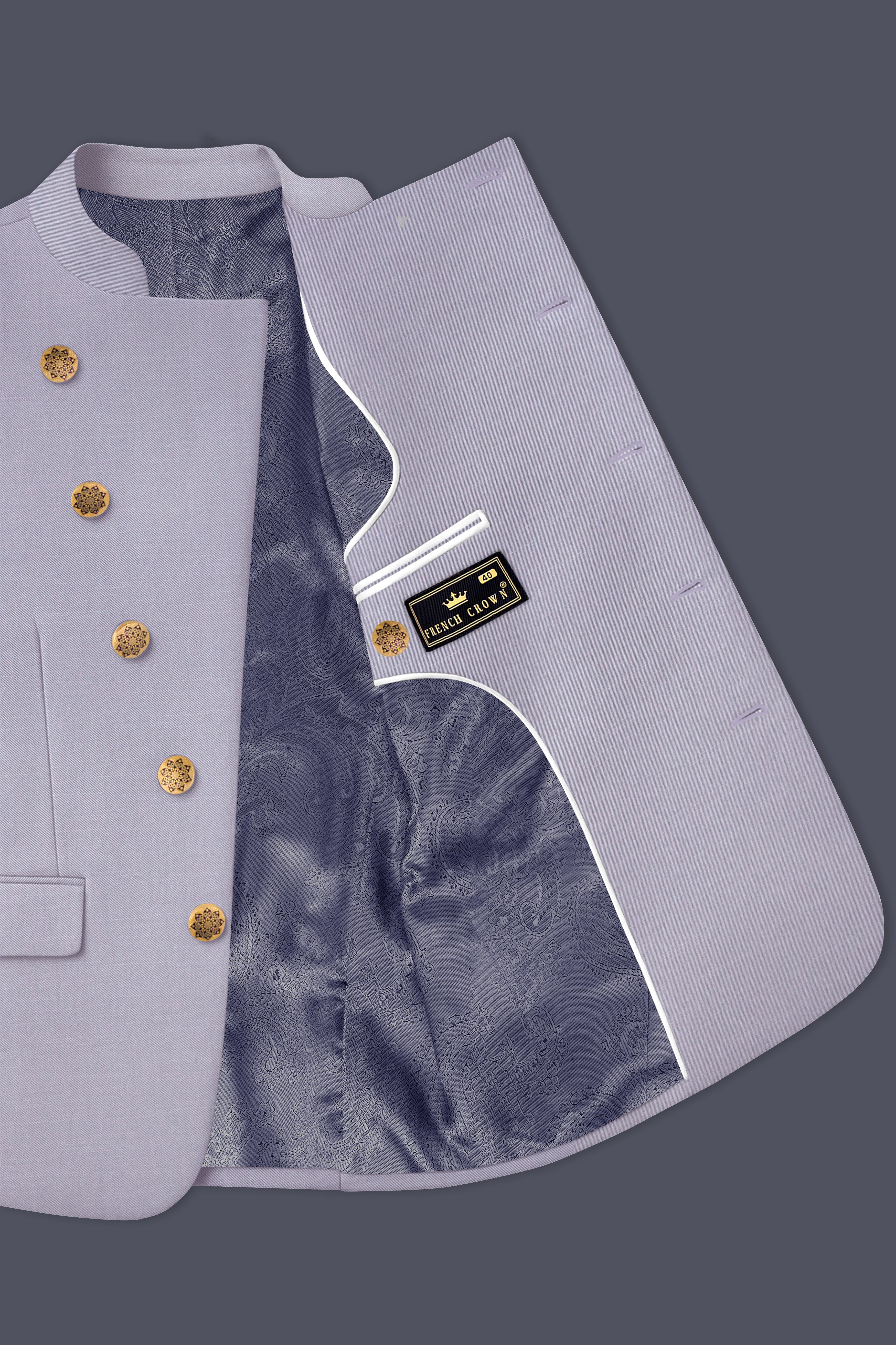 Mistivell-Mountain Mist Gray Wool Rich Cross Placket Bandhgala Stretchable traveler Blazer