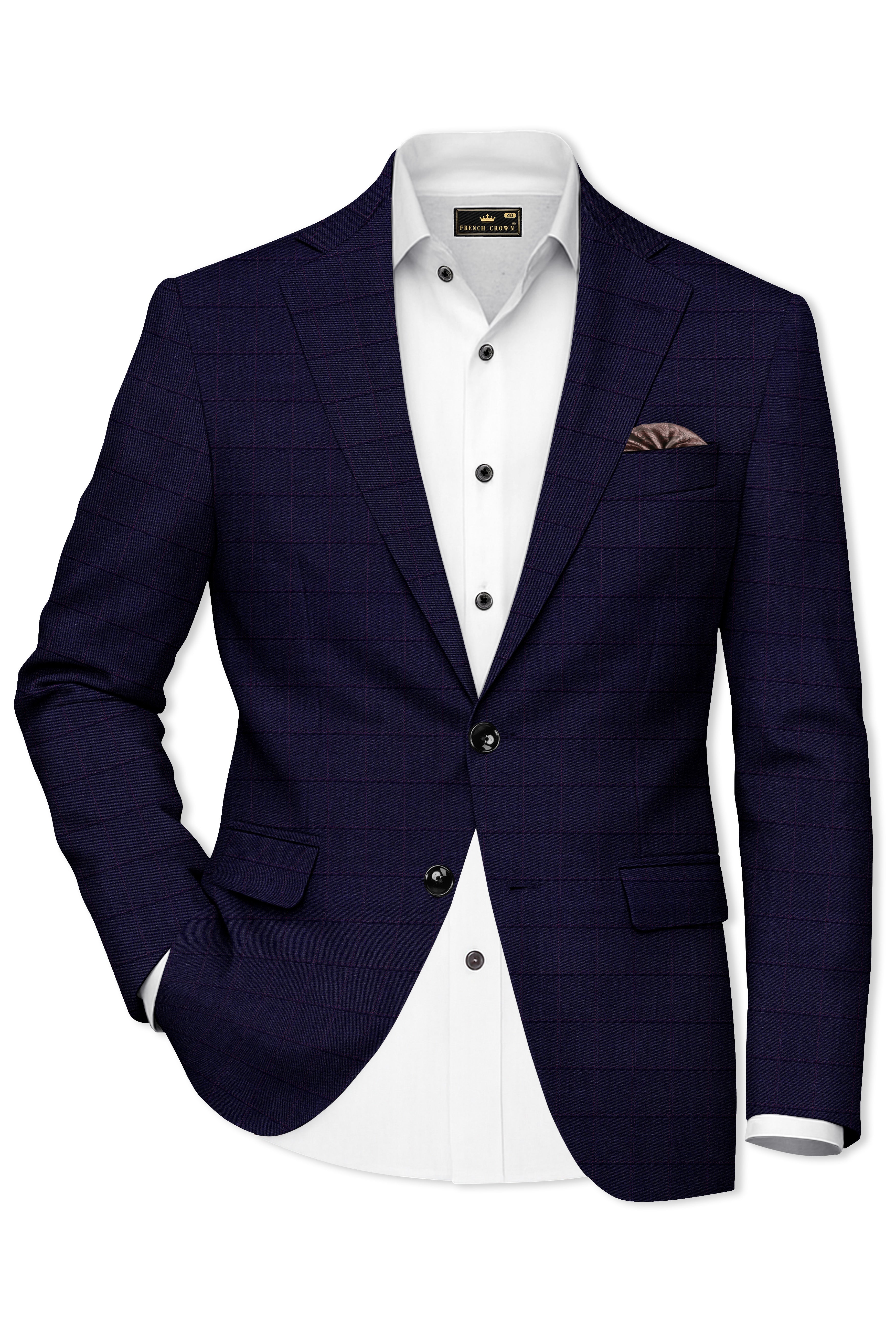 Azurane-Ebony Blue Windowpane Wool Rich Single Breasted Blazer