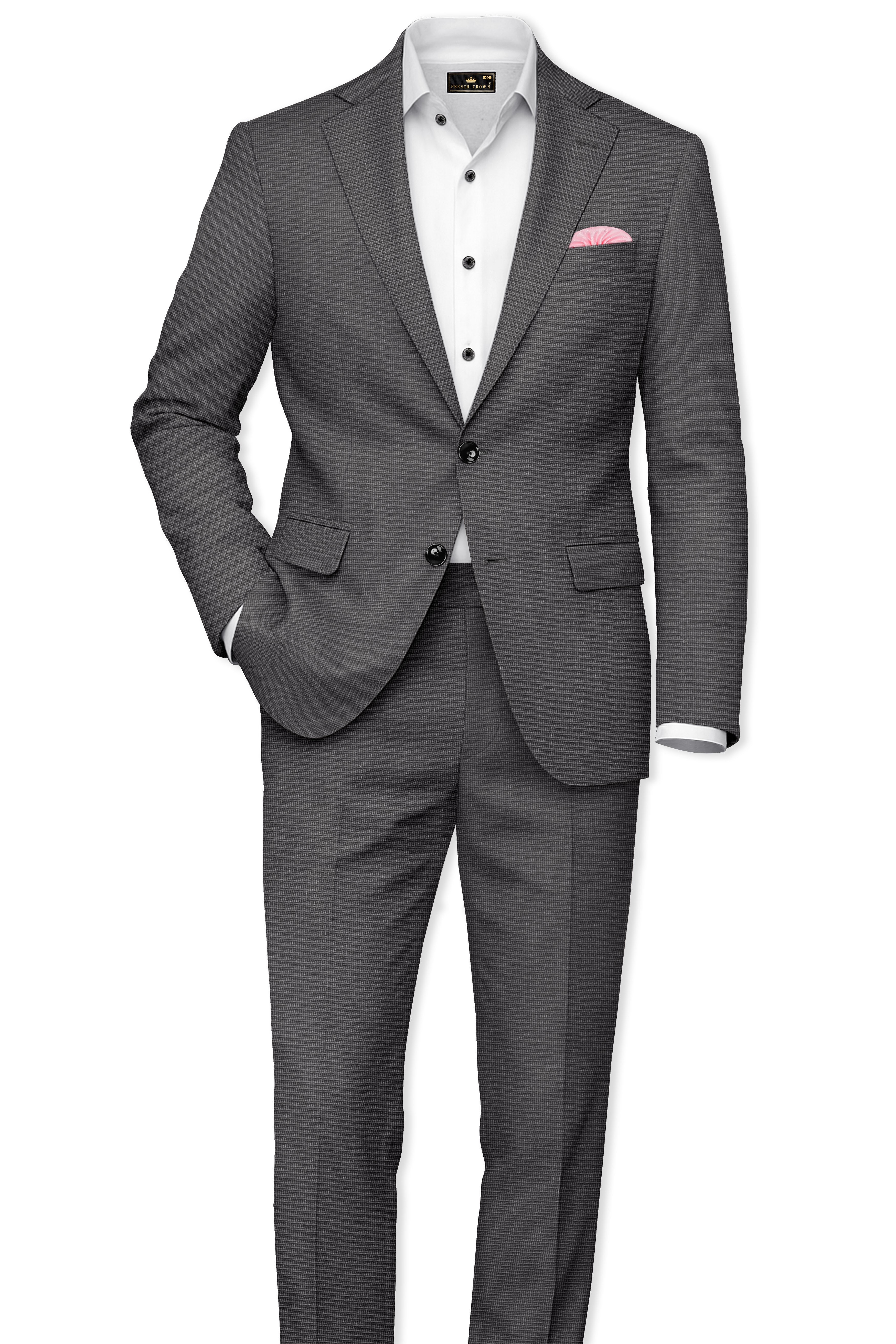 Cinerro-Tuatara Gray Wool Rich houndstooth Textured Single Breasted Blazer