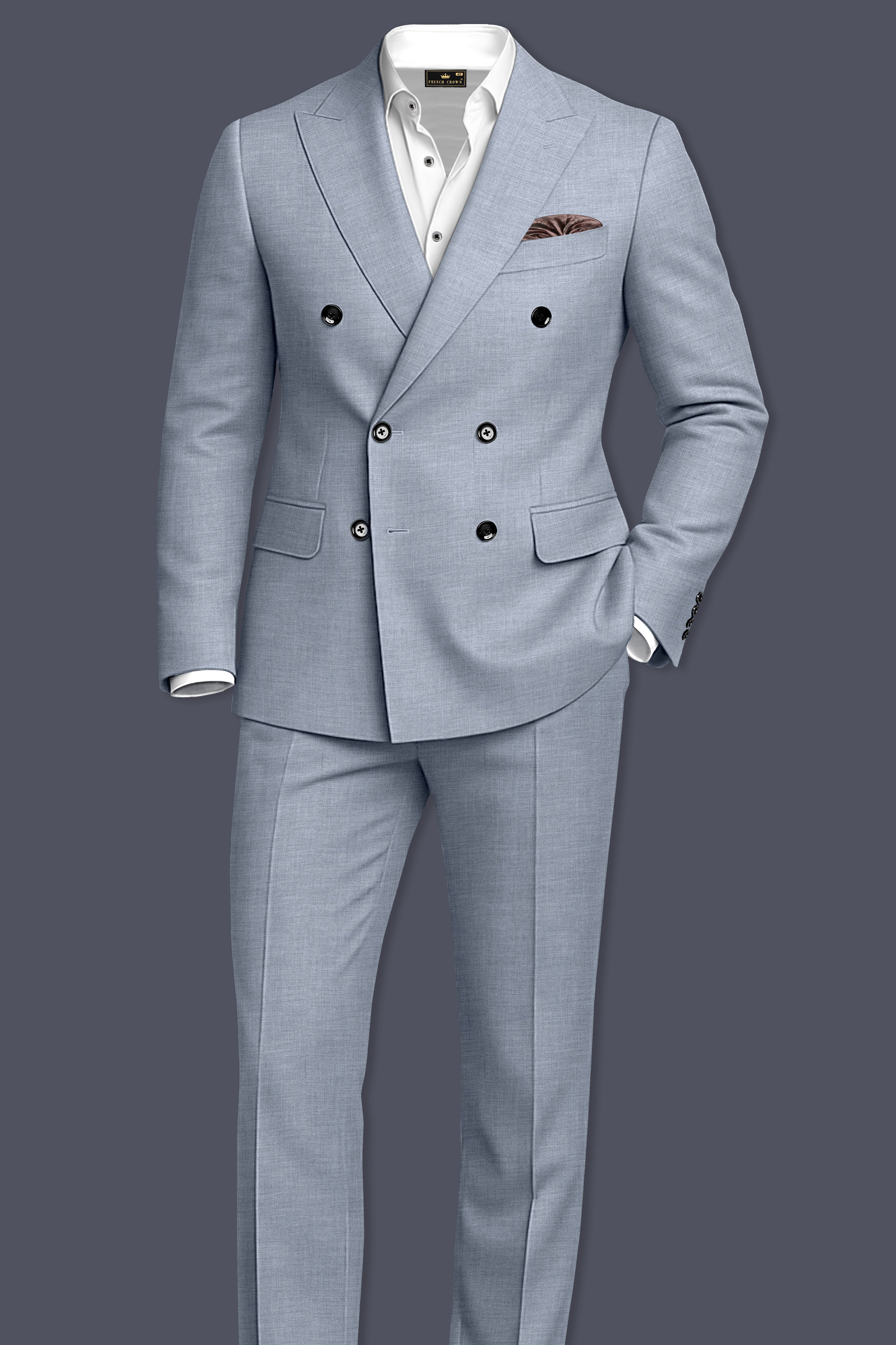 Argento-Cadet Gray Solid Wool Rich Double Breasted Blazer