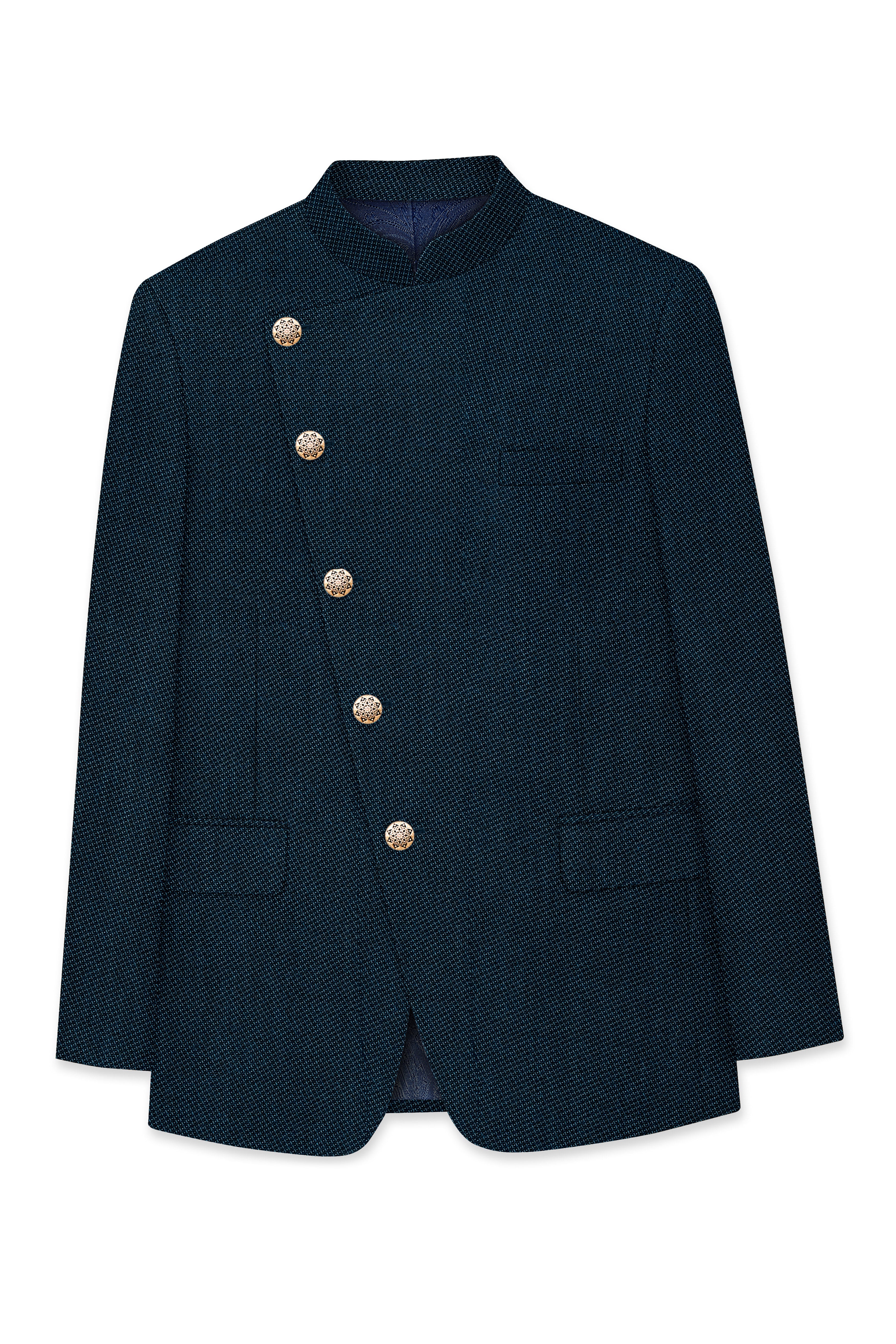 Virenzo-Tiber Green Textured Wool Rich Cross Placket Bandhgala Blazer