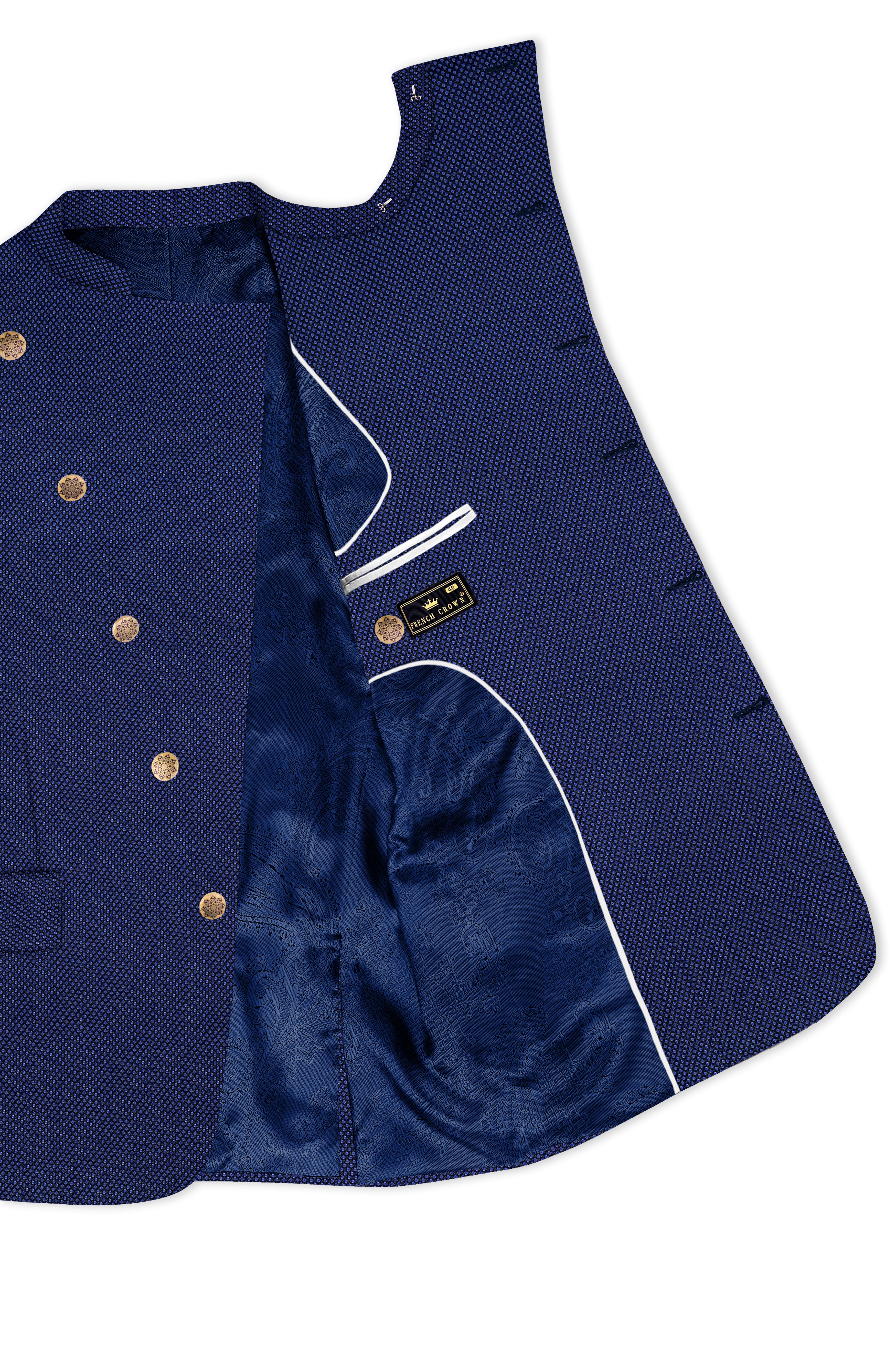 Tenebro-Midnight Blue Textured Wool Rich Cross Placket Bandhgala Blazer