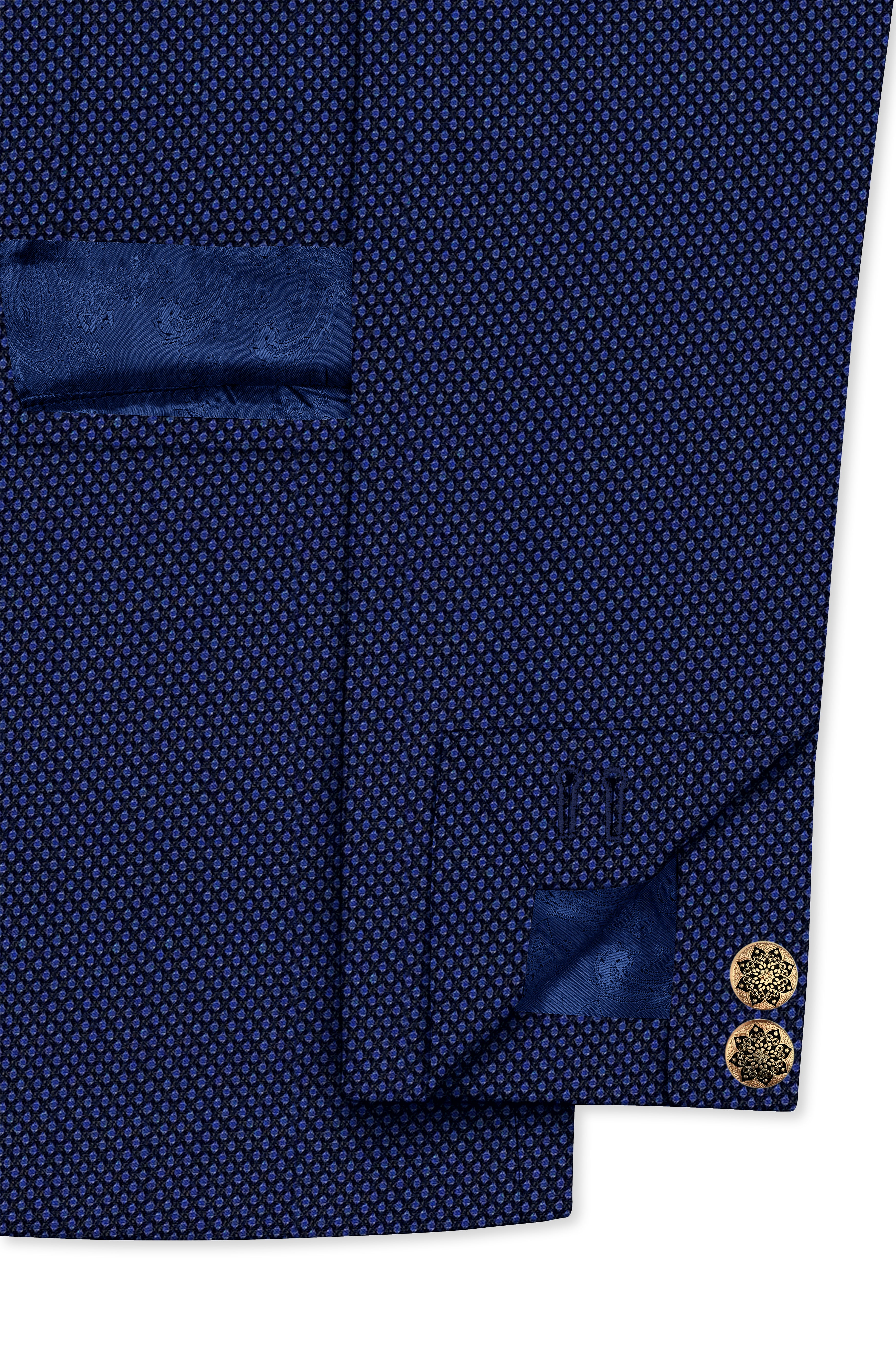 Tenebro-Midnight Blue Textured Wool Rich Cross Placket Bandhgala Blazer