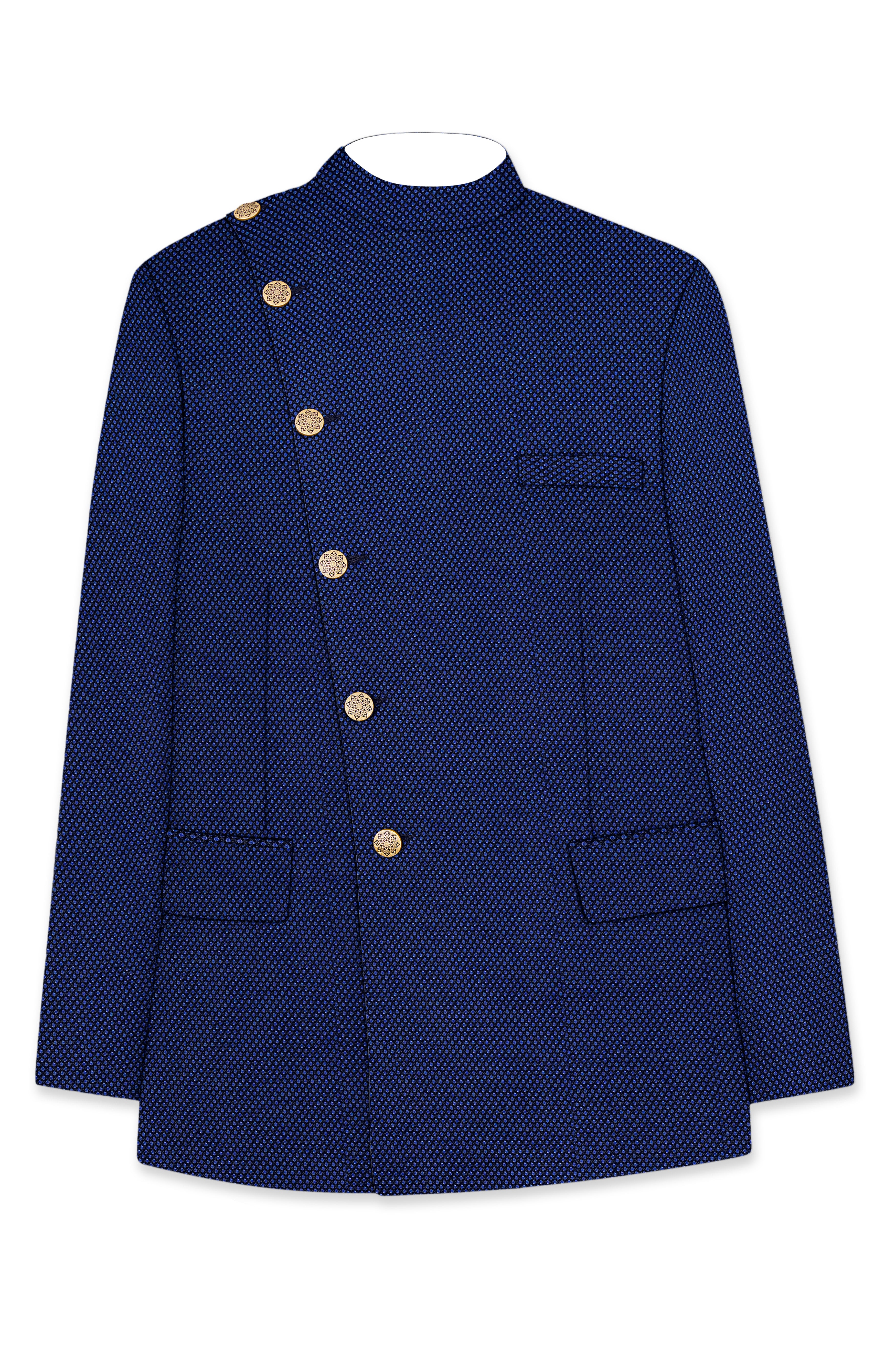 Tenebro-Midnight Blue Textured Wool Rich Cross Placket Bandhgala Blazer