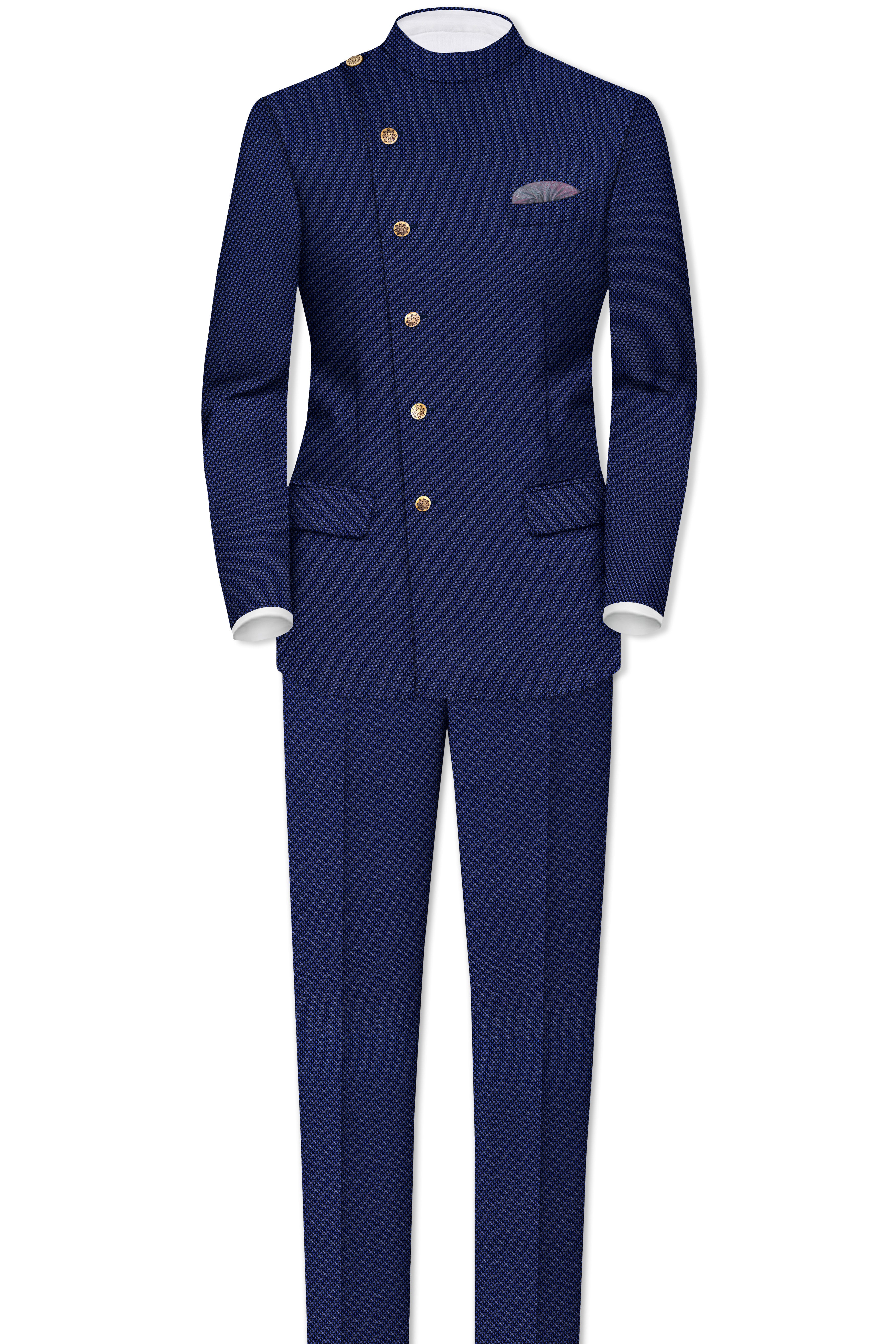 Tenebro-Midnight Blue Textured Wool Rich Cross Placket Bandhgala Blazer