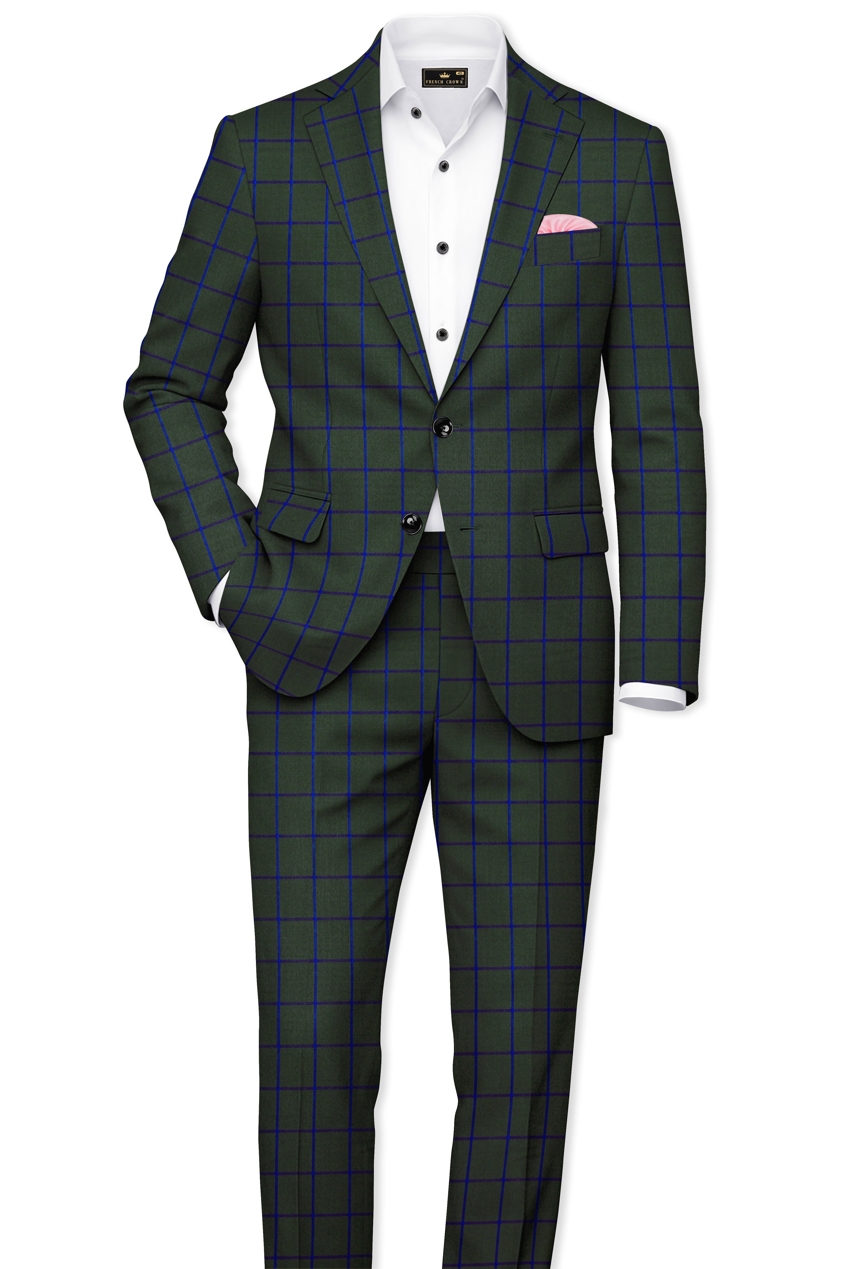 Virenzor-Thunder Green Windowpane Wool Rich Single Breasted Blazer