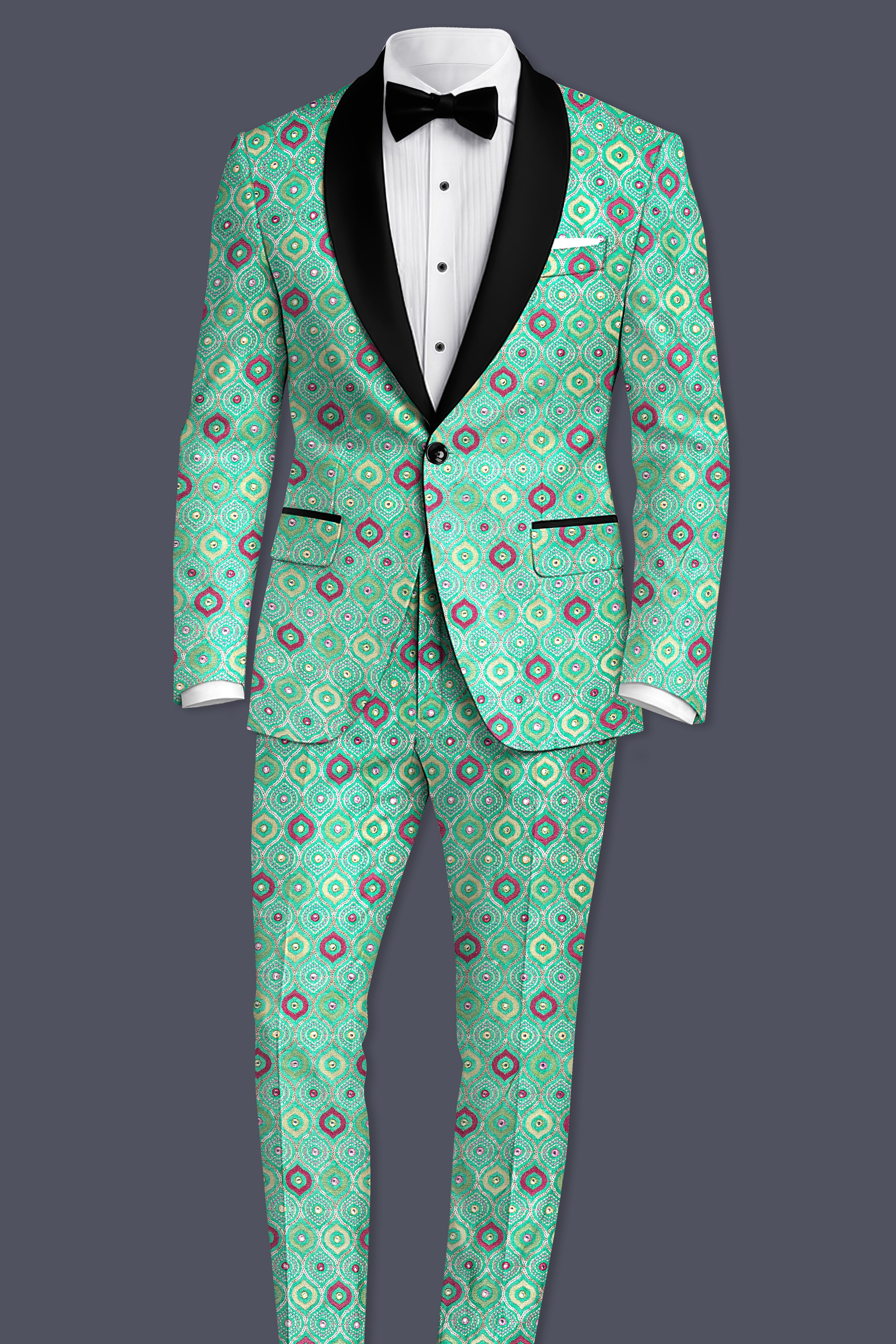 Florambre-Bermuda Green and Charm Pink Ogee Cotton Thread Embroidered Designer Tuxedo Blazer