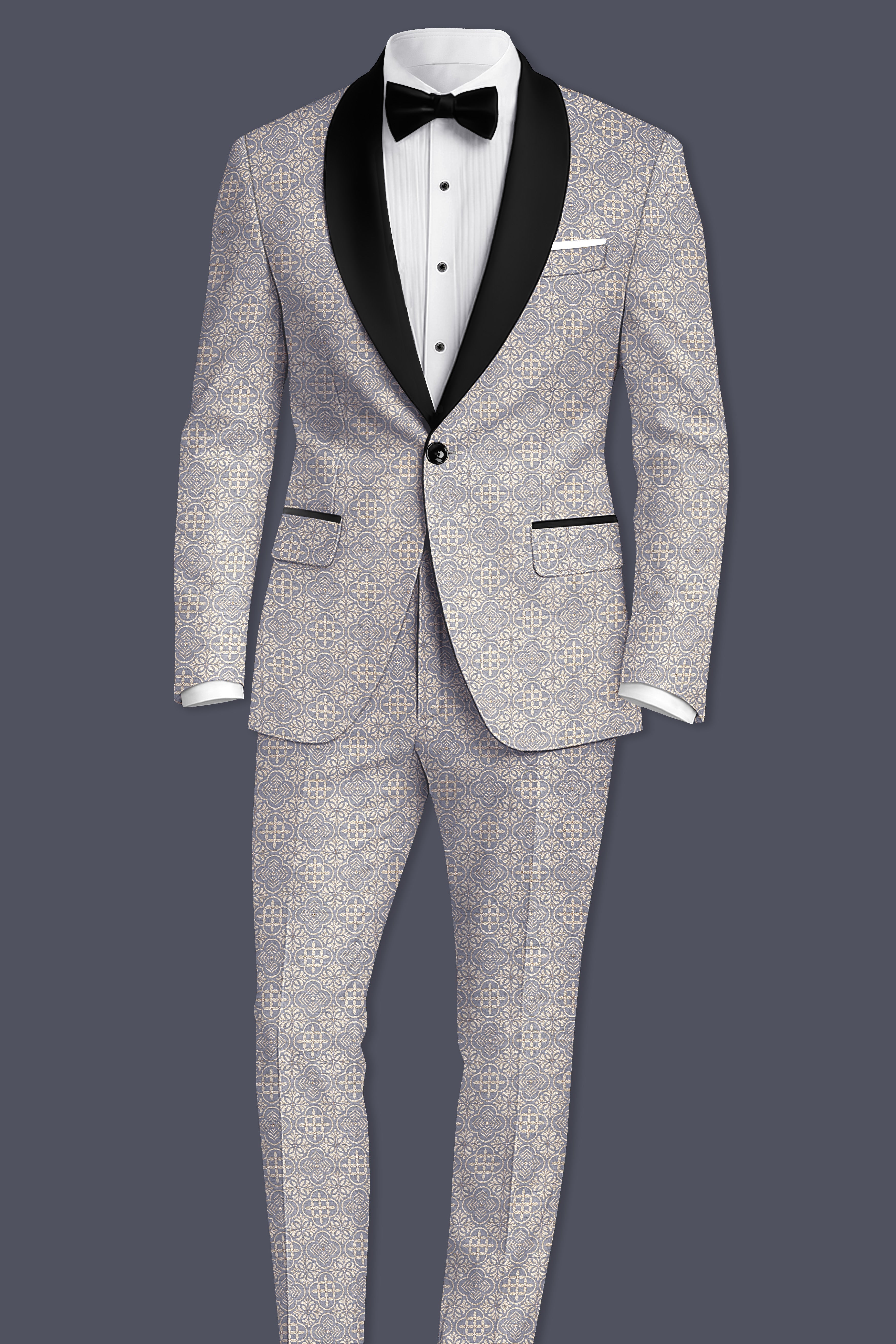 Azuroque-Somke Gray and Desert Jacquard Textured Designer Tuxedo Blazer