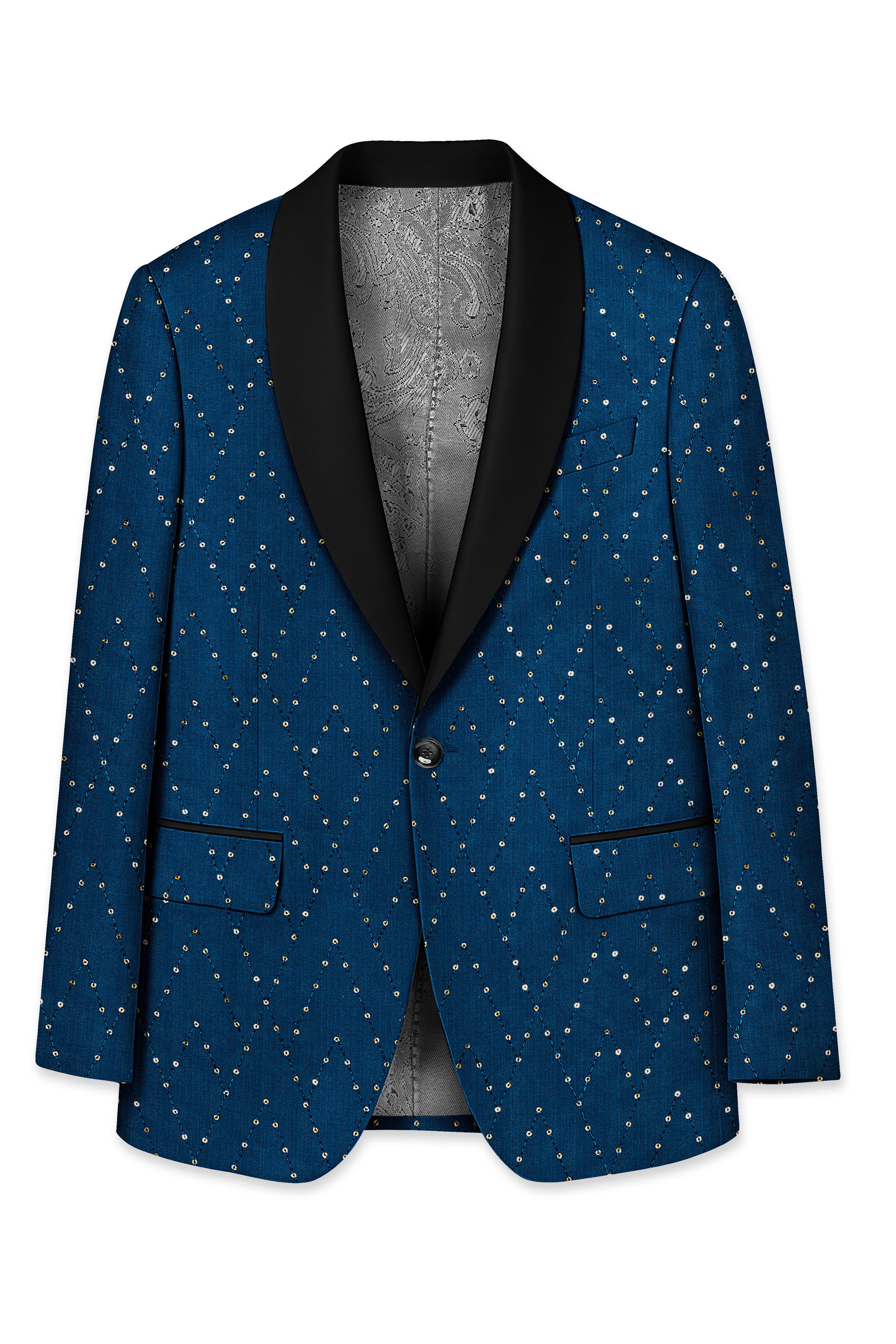 Aureven-Venice Blue Embroidered Viscose Tikki Work Designer Tuxedo Blazer