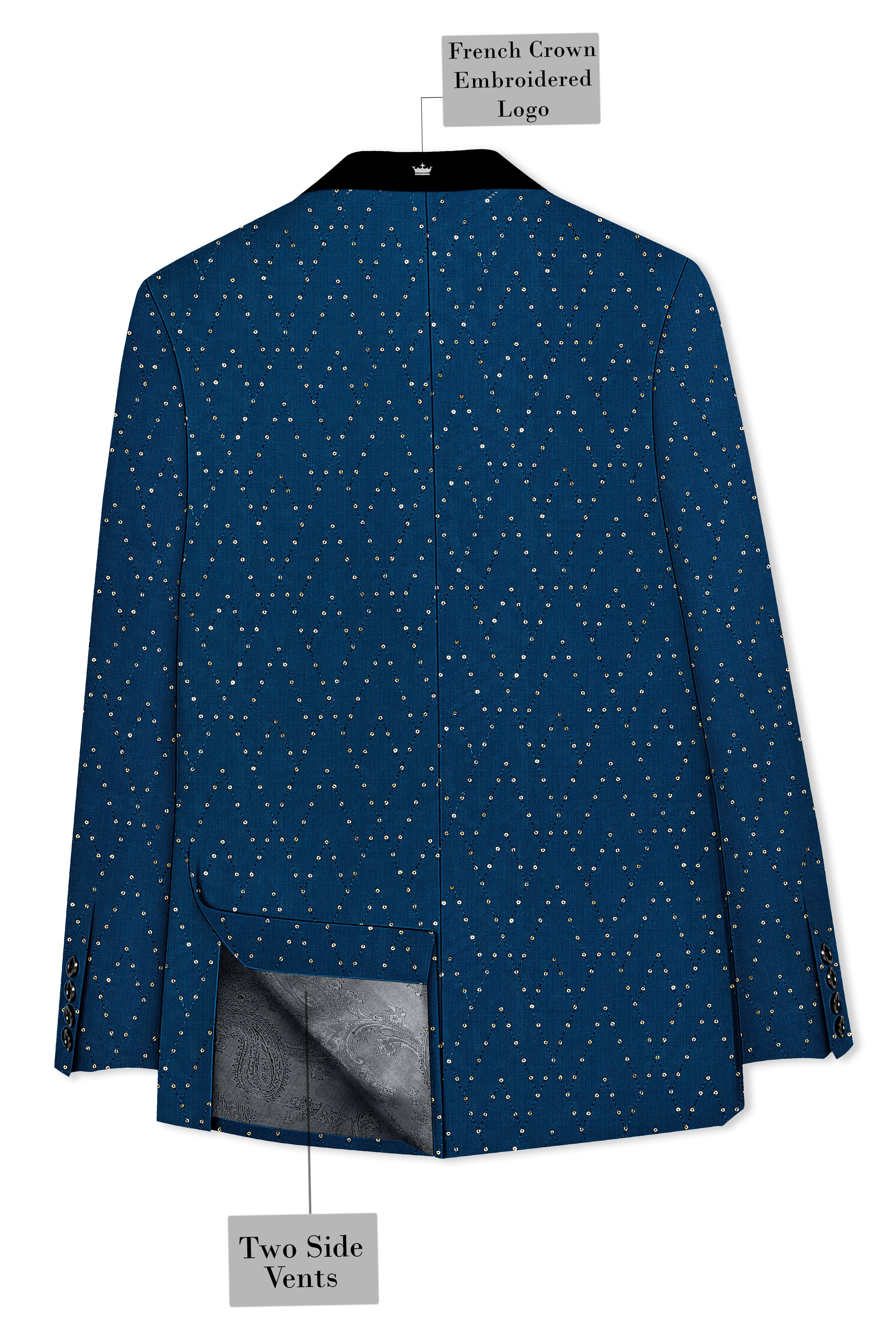 Aureven-Venice Blue Embroidered Viscose Tikki Work Designer Tuxedo Blazer