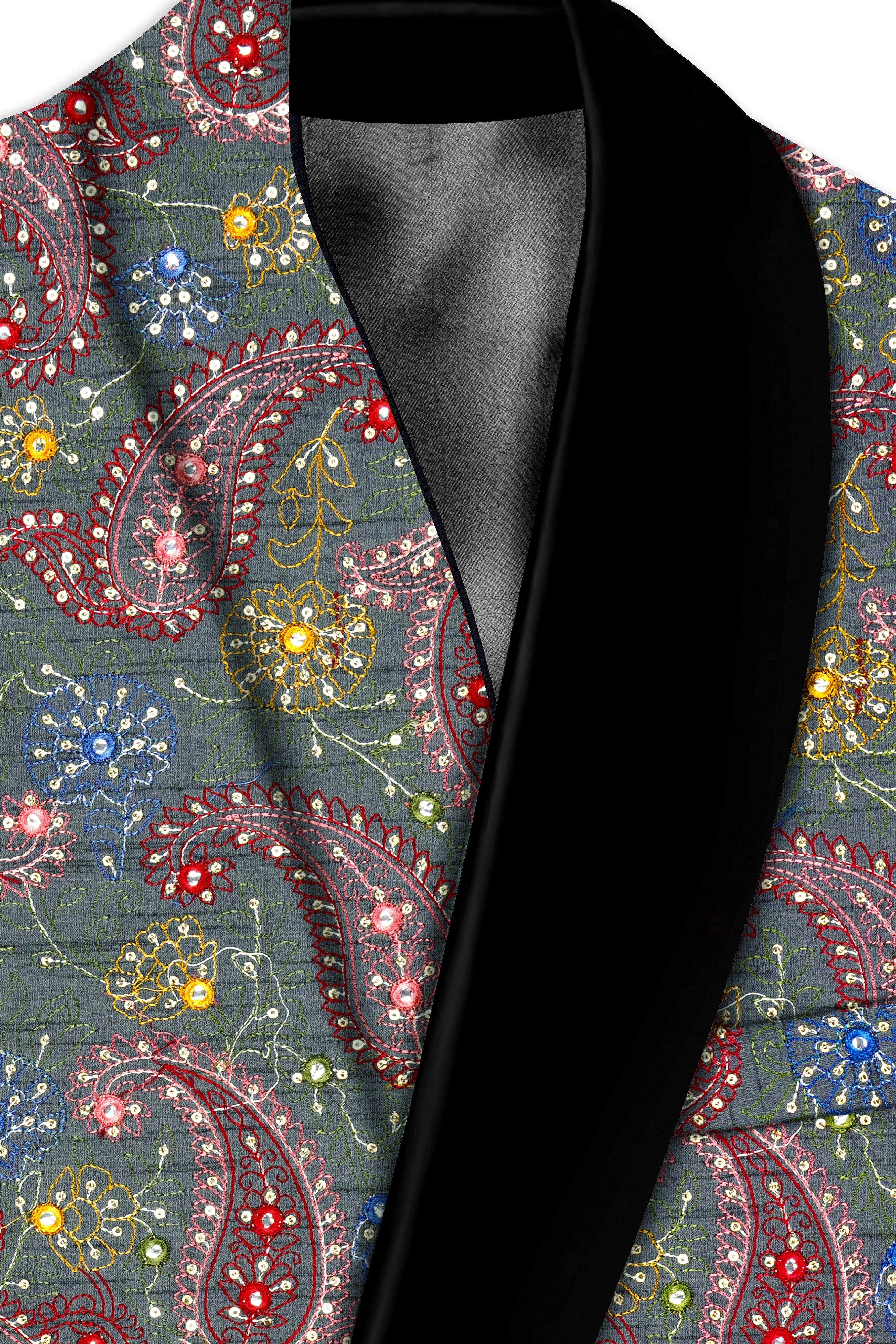 Paisora-Nickel Gray and Brink Pink Paisley Cotton Thread Embroidered Designer Tuxedo Blazer
