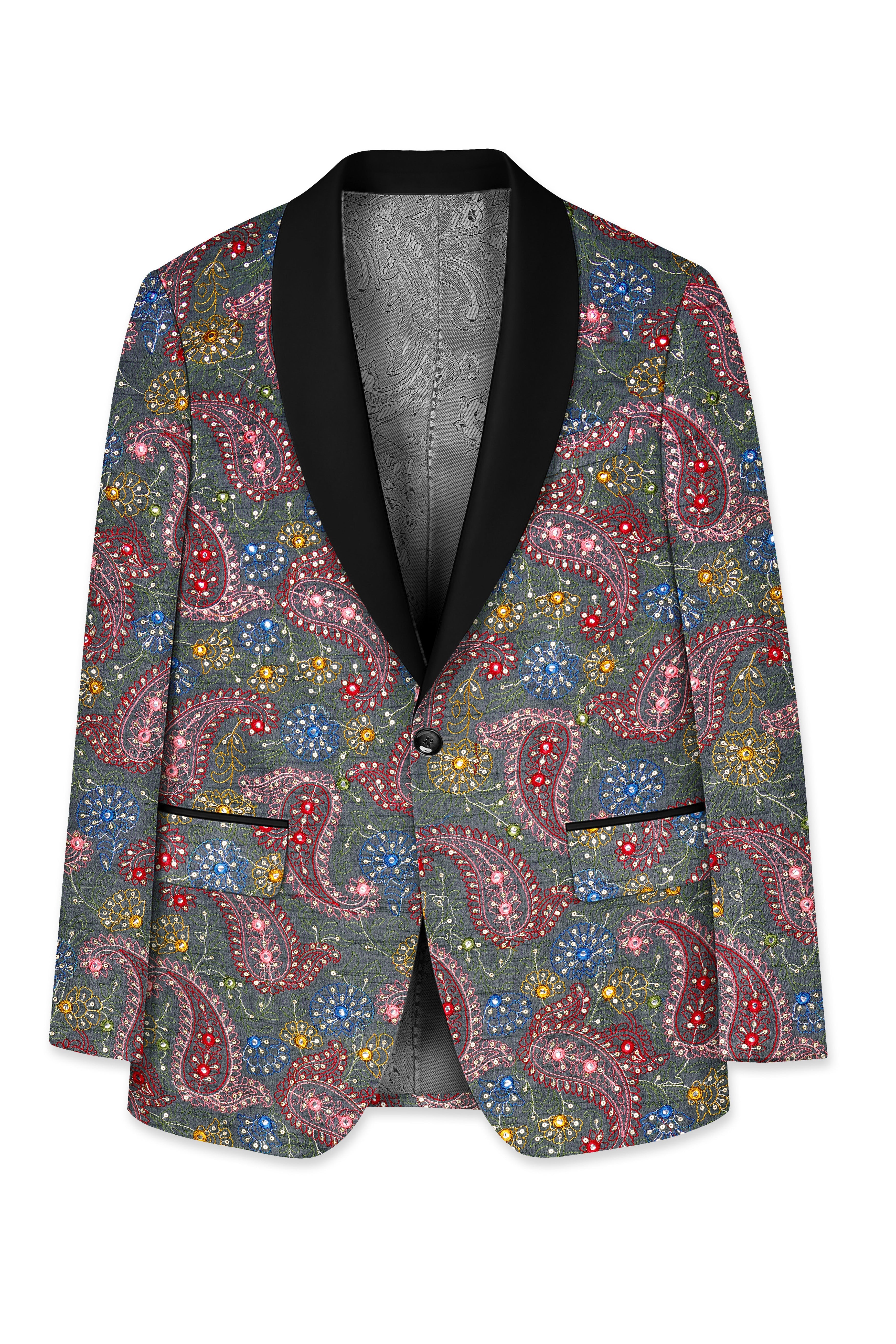 Paisora-Nickel Gray and Brink Pink Paisley Cotton Thread Embroidered Designer Tuxedo Blazer