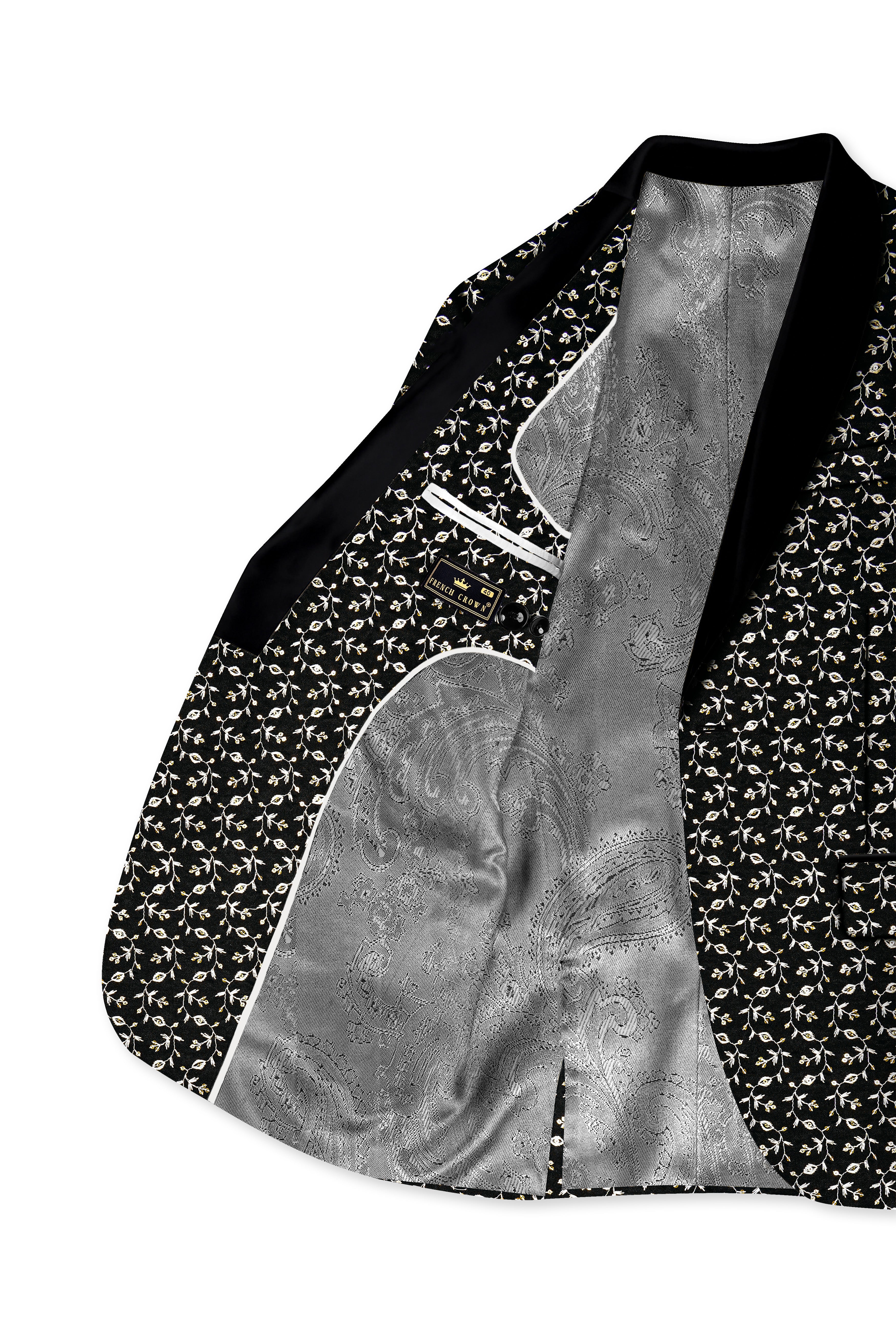 Nerquise-Jade Black Ditsy Pattern Thread and Sequin Embroidered Viscose Designer Tuxedo Blazer