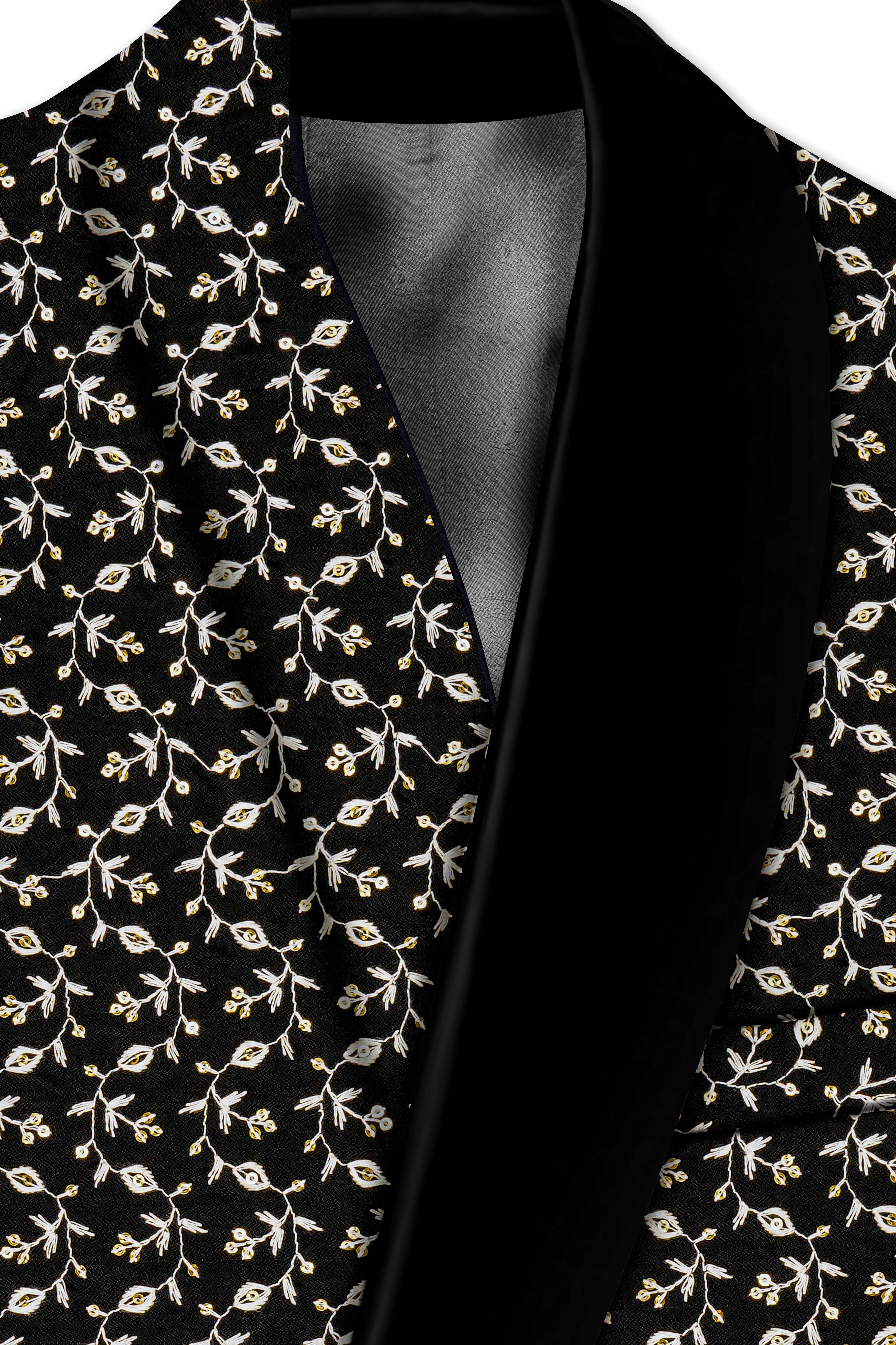 Nerquise-Jade Black Ditsy Pattern Thread and Sequin Embroidered Viscose Designer Tuxedo Blazer