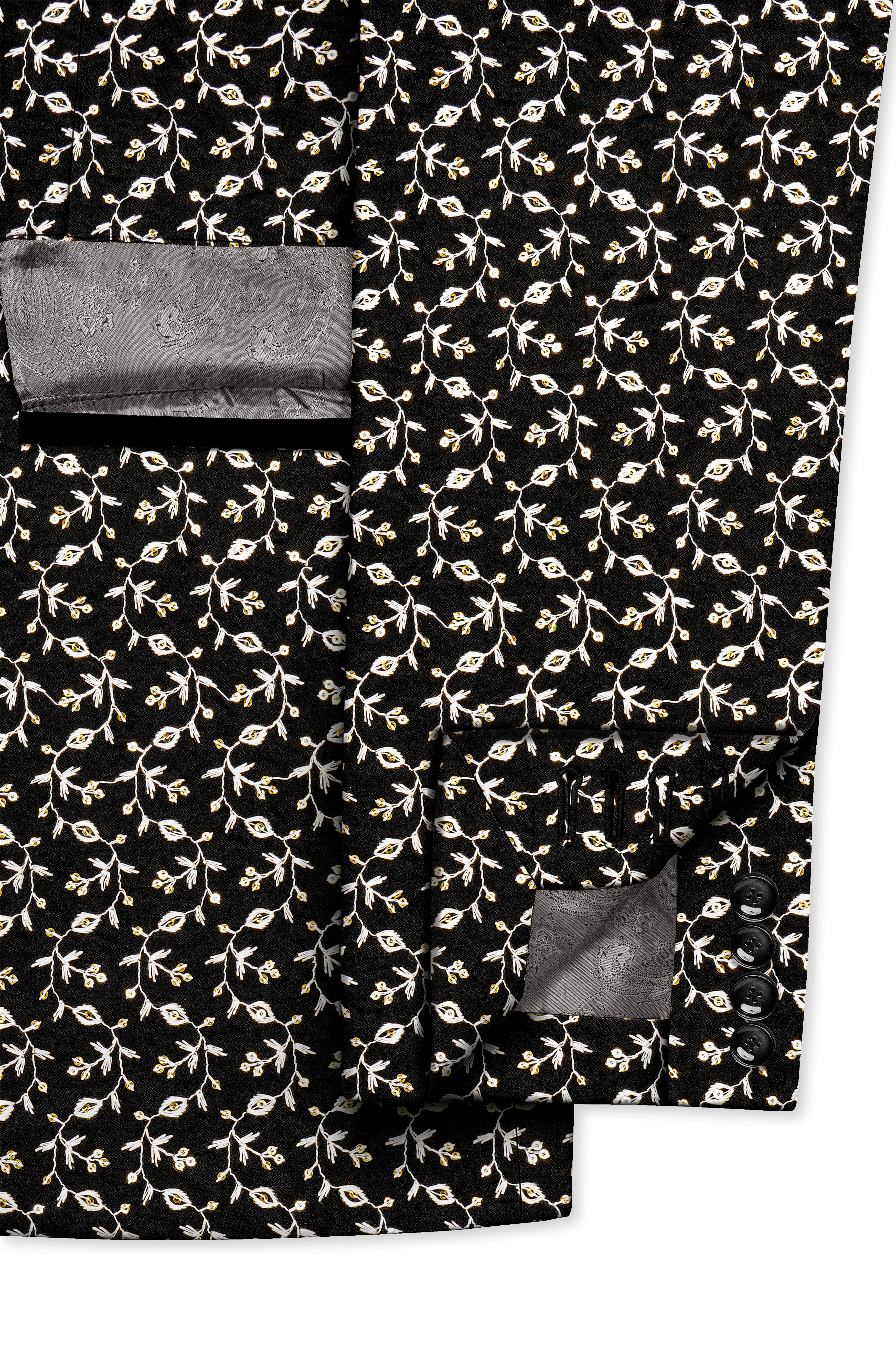 Nerquise-Jade Black Ditsy Pattern Thread and Sequin Embroidered Viscose Designer Tuxedo Blazer