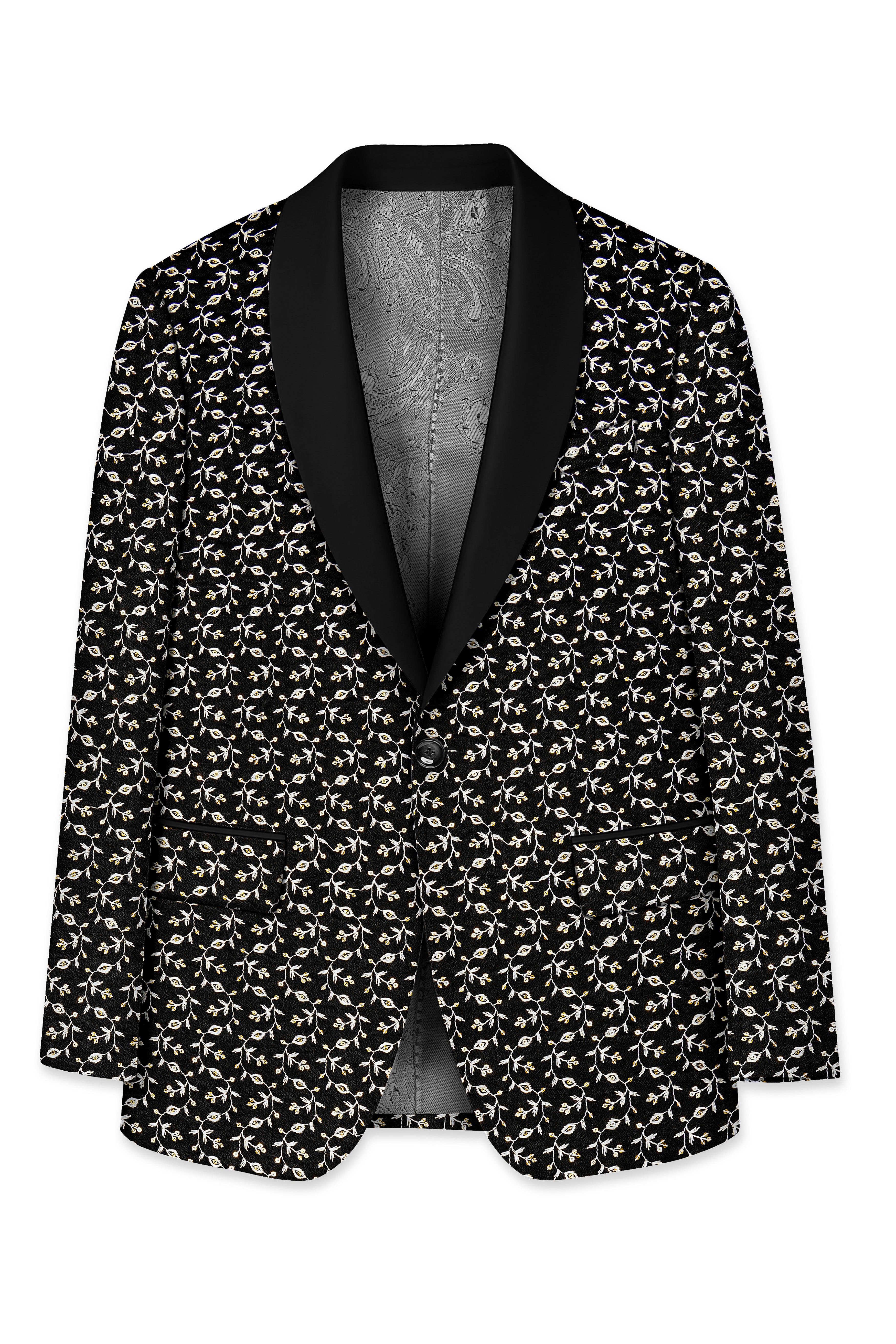 Nerquise-Jade Black Ditsy Pattern Thread and Sequin Embroidered Viscose Designer Tuxedo Blazer