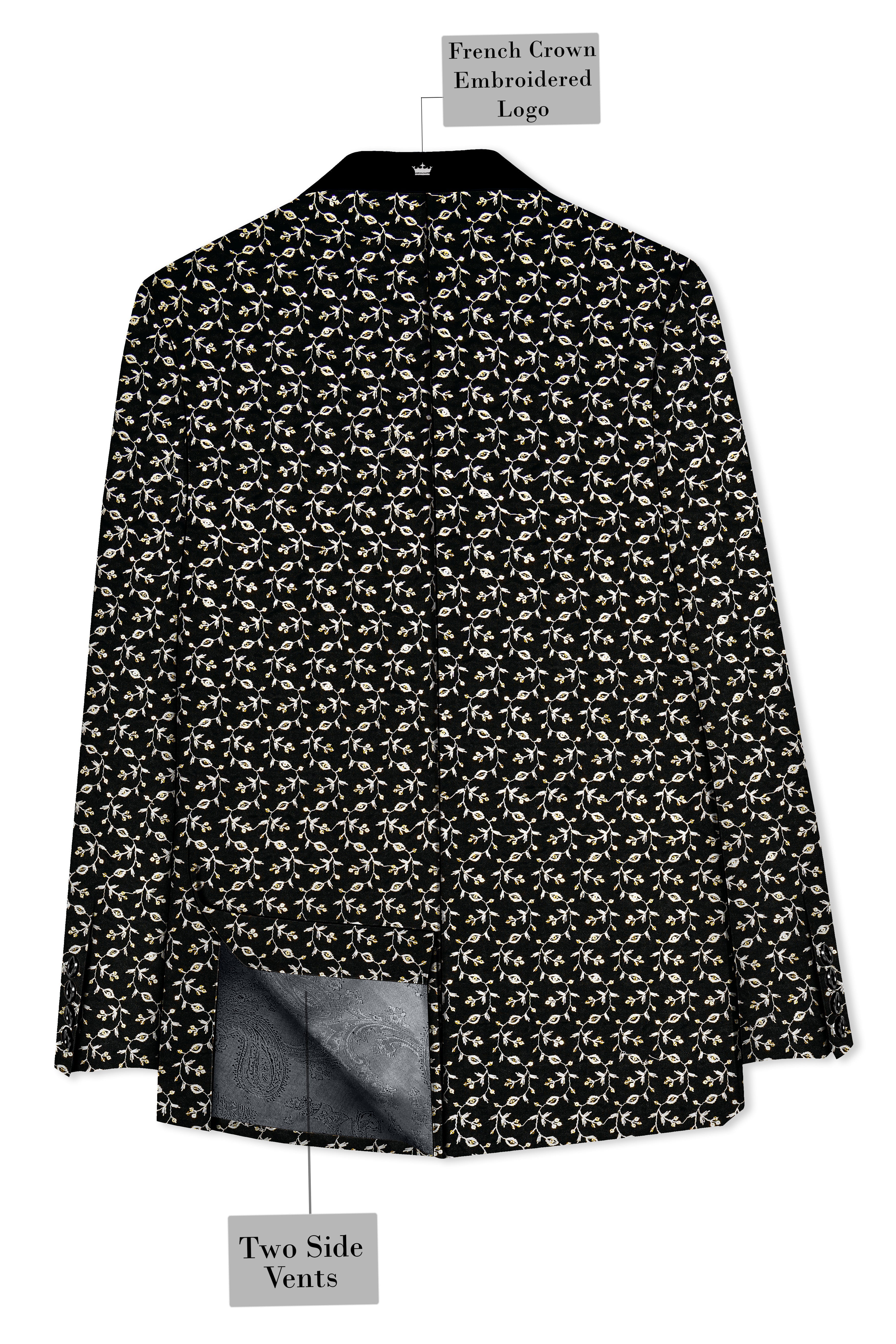 Nerquise-Jade Black Ditsy Pattern Thread and Sequin Embroidered Viscose Designer Tuxedo Blazer