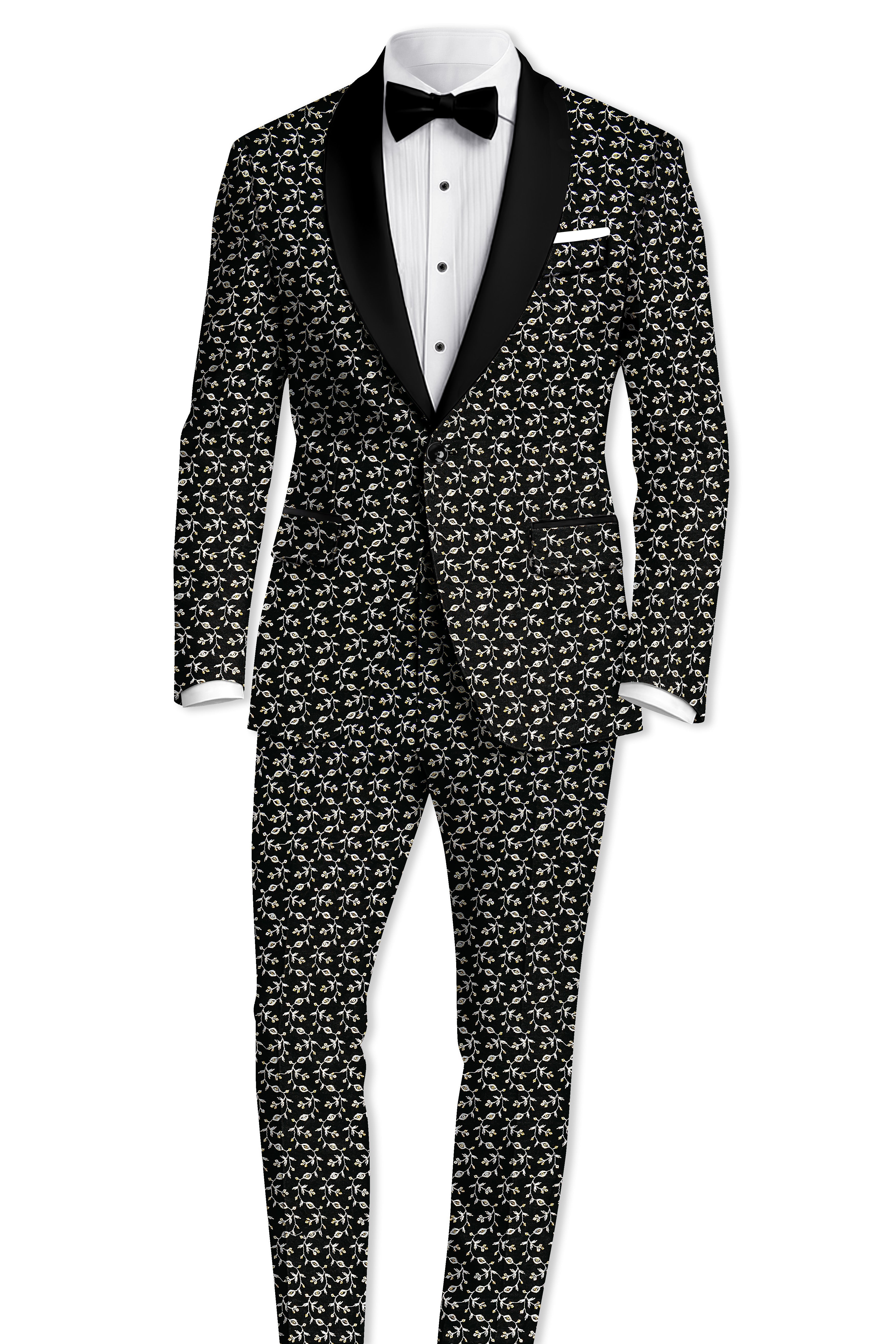 Nerquise-Jade Black Ditsy Pattern Thread and Sequin Embroidered Viscose Designer Tuxedo Blazer