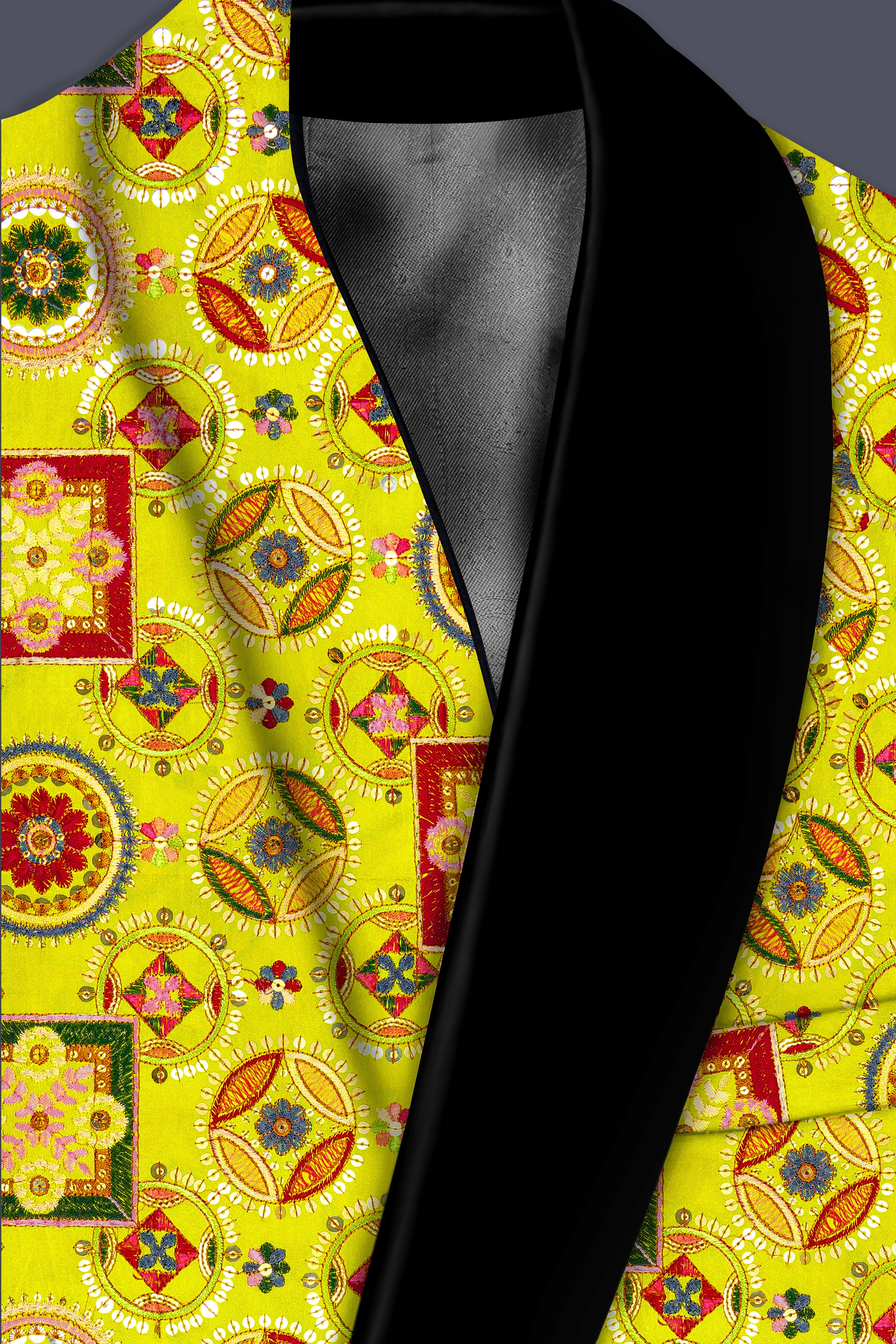 Coutflora-Custard Yellow Multicolour Cotton Thread Embroidered Designer Tuxedo Blazer
