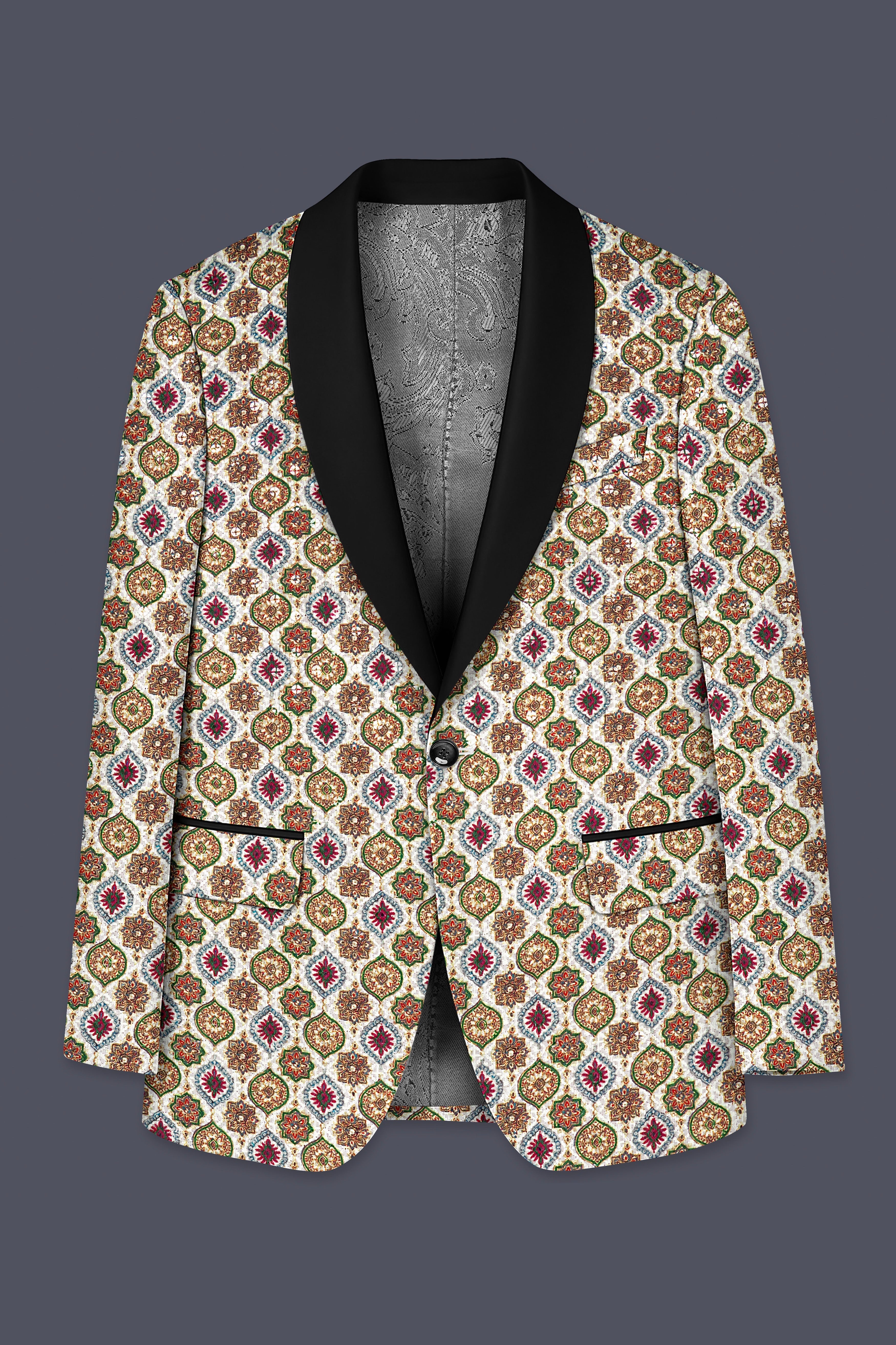 Alvesso-Bright White And Spruce Green Embroidered Designer Tuxedo Blazer