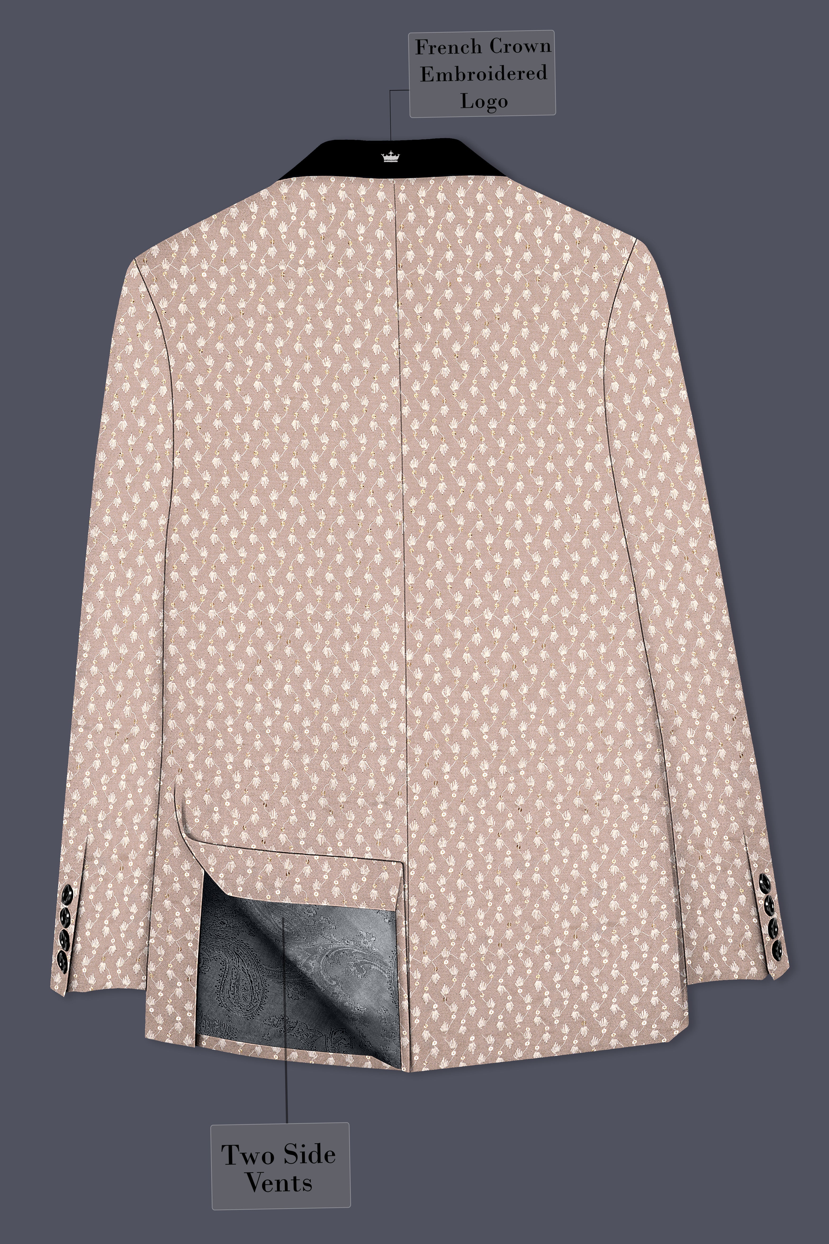 Brunora-Clam Shell Brown Embroidered Viscose Designer Tuxedo Blazer