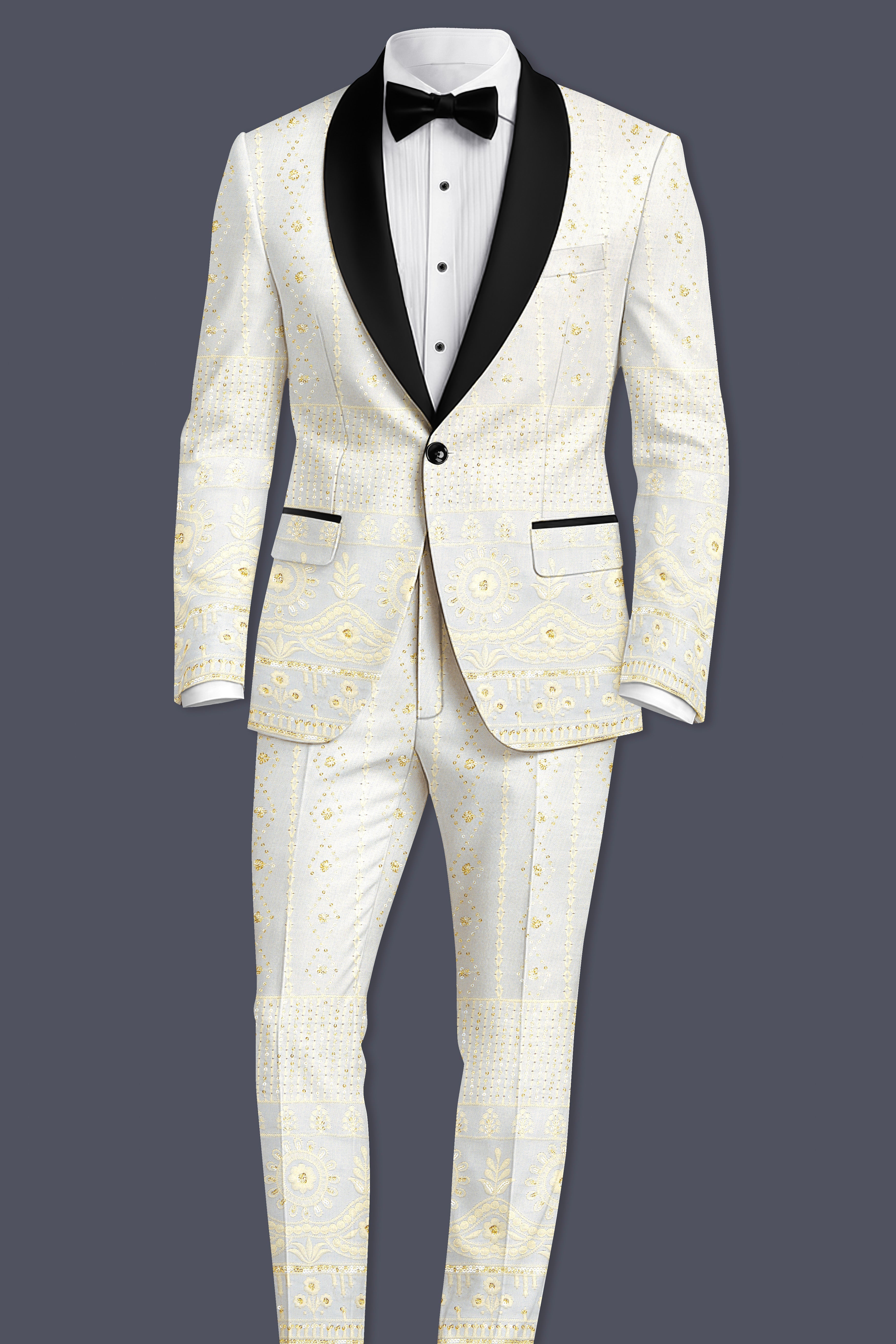 Aurevia-Albescent Cream With Sequin Embroidered Designer Tuxedo Blazer
