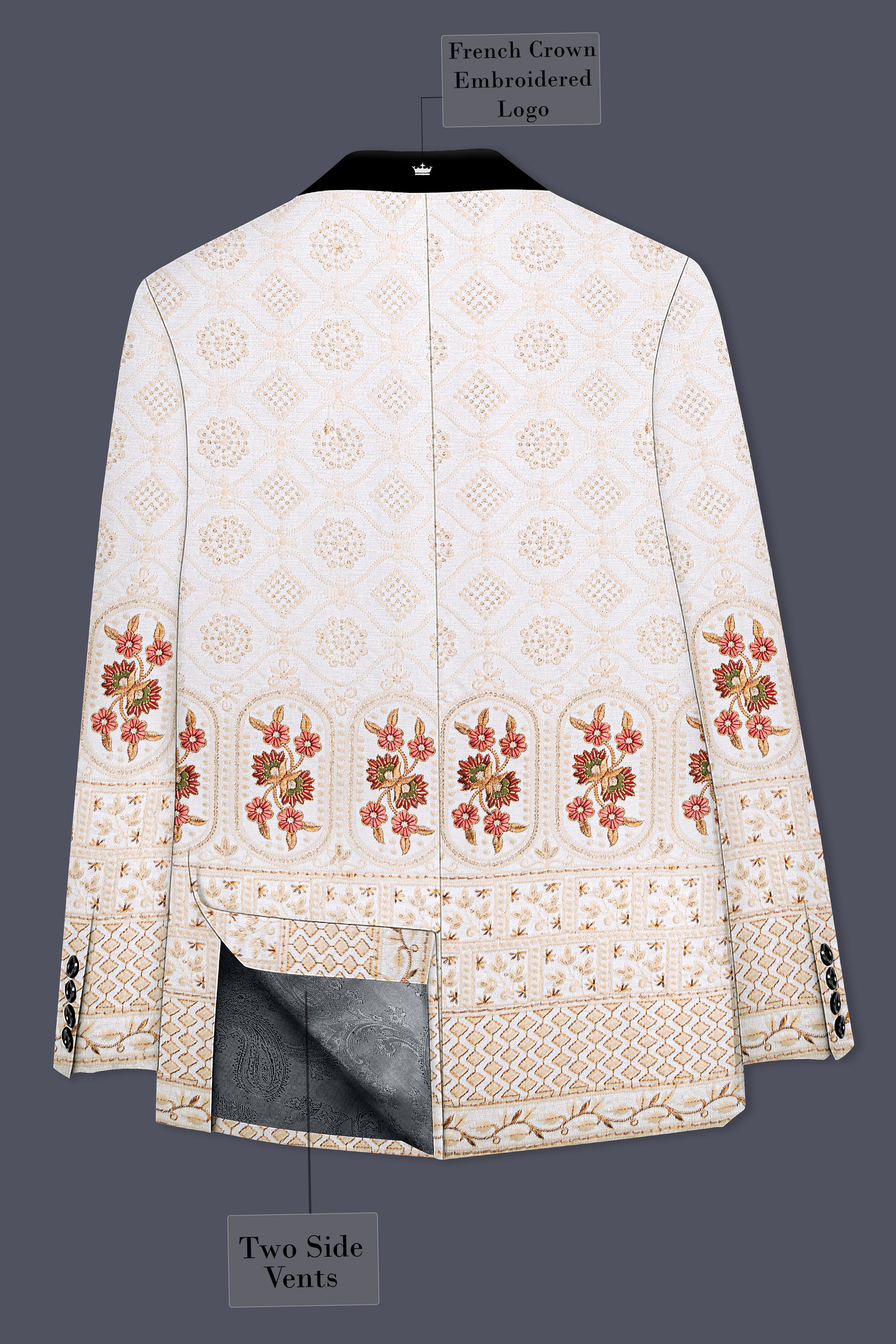 Aurevia-Spanish Cream and Flamingo Peach Thread and Sequin Embroidered Designer Blazer