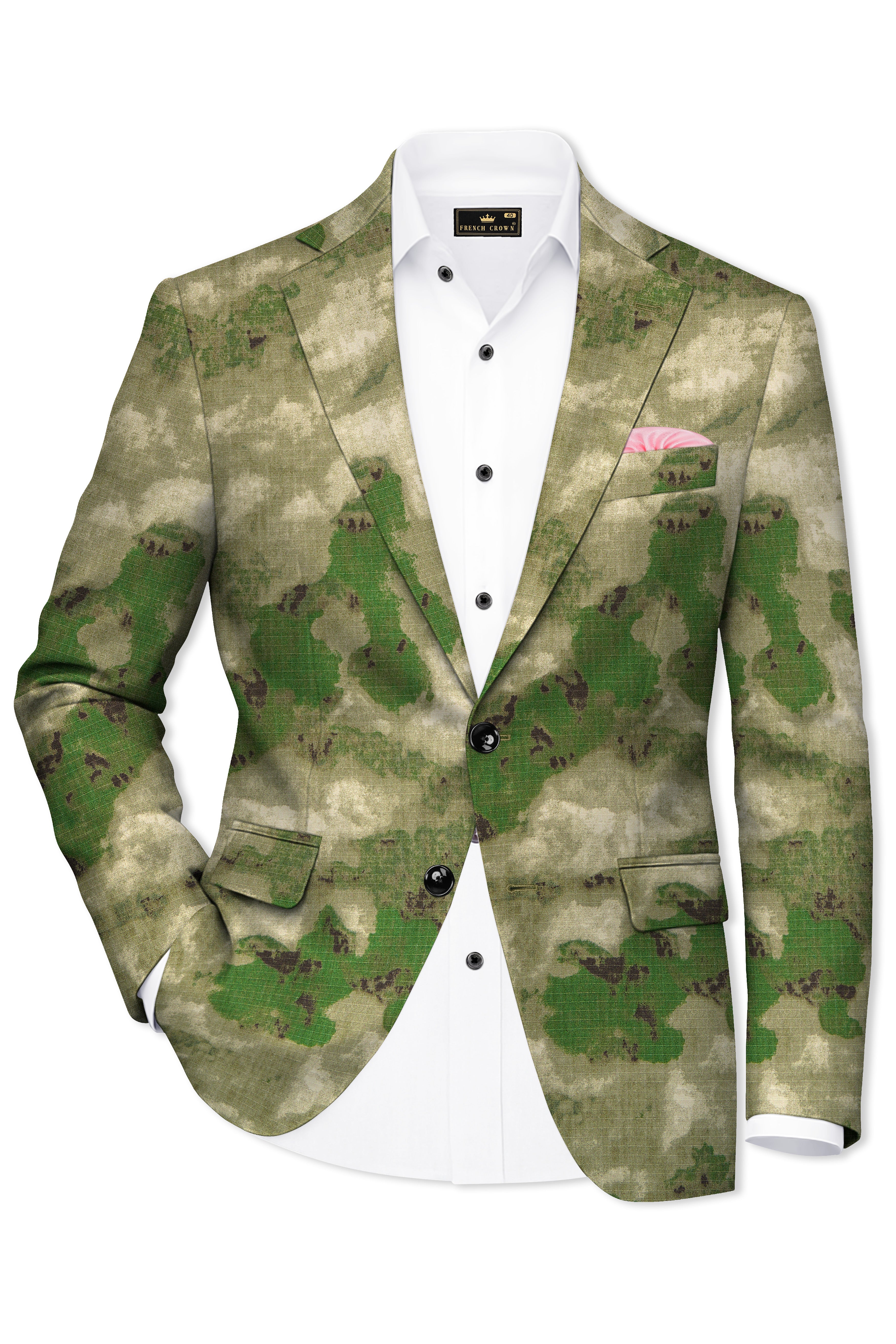 Virenza-Rifle Green and Wafer Cream Tie Dye Printed Premium Cotton Single Breasted Blazer