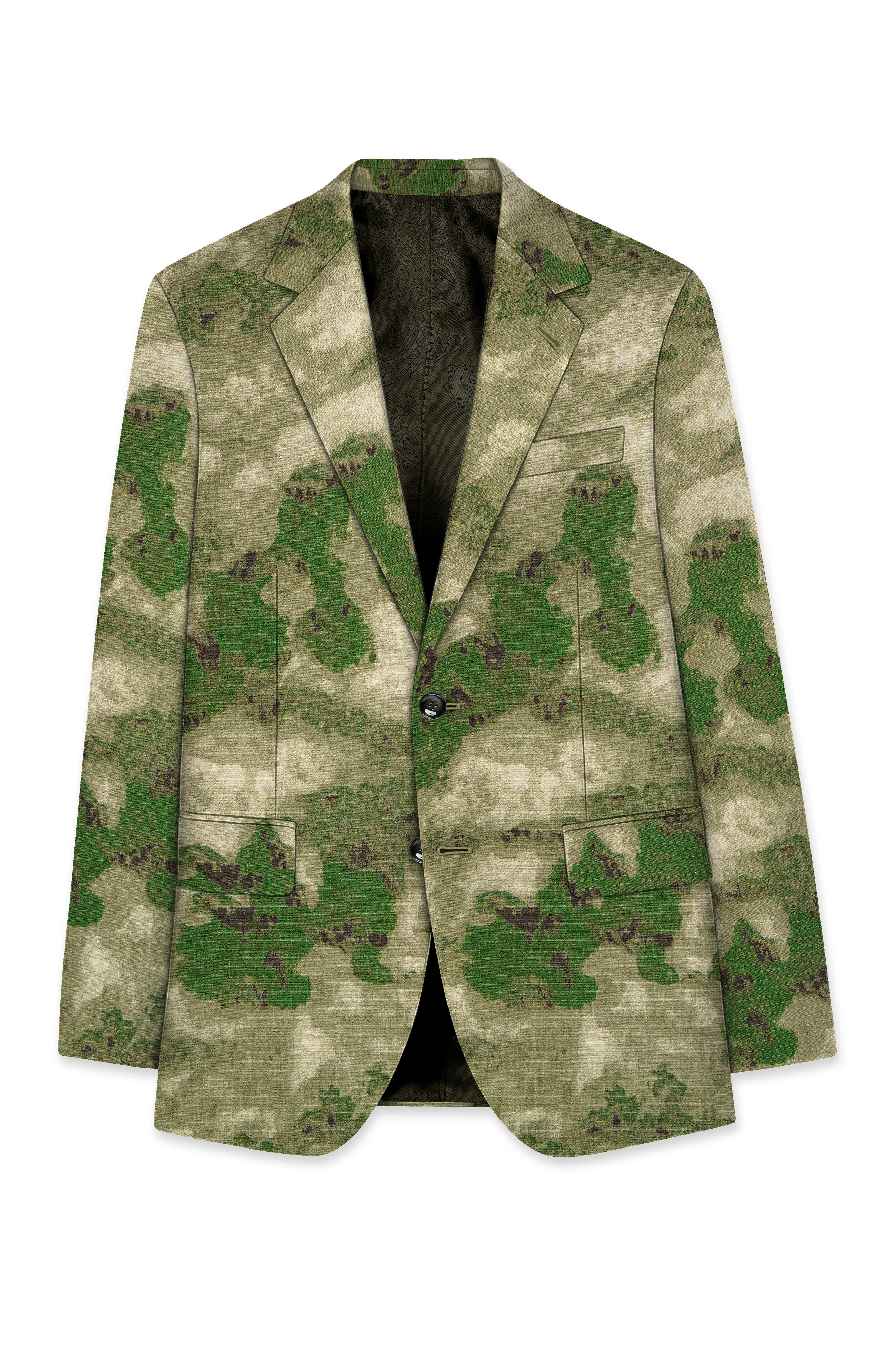 Virenza-Rifle Green and Wafer Cream Tie Dye Printed Premium Cotton Single Breasted Blazer