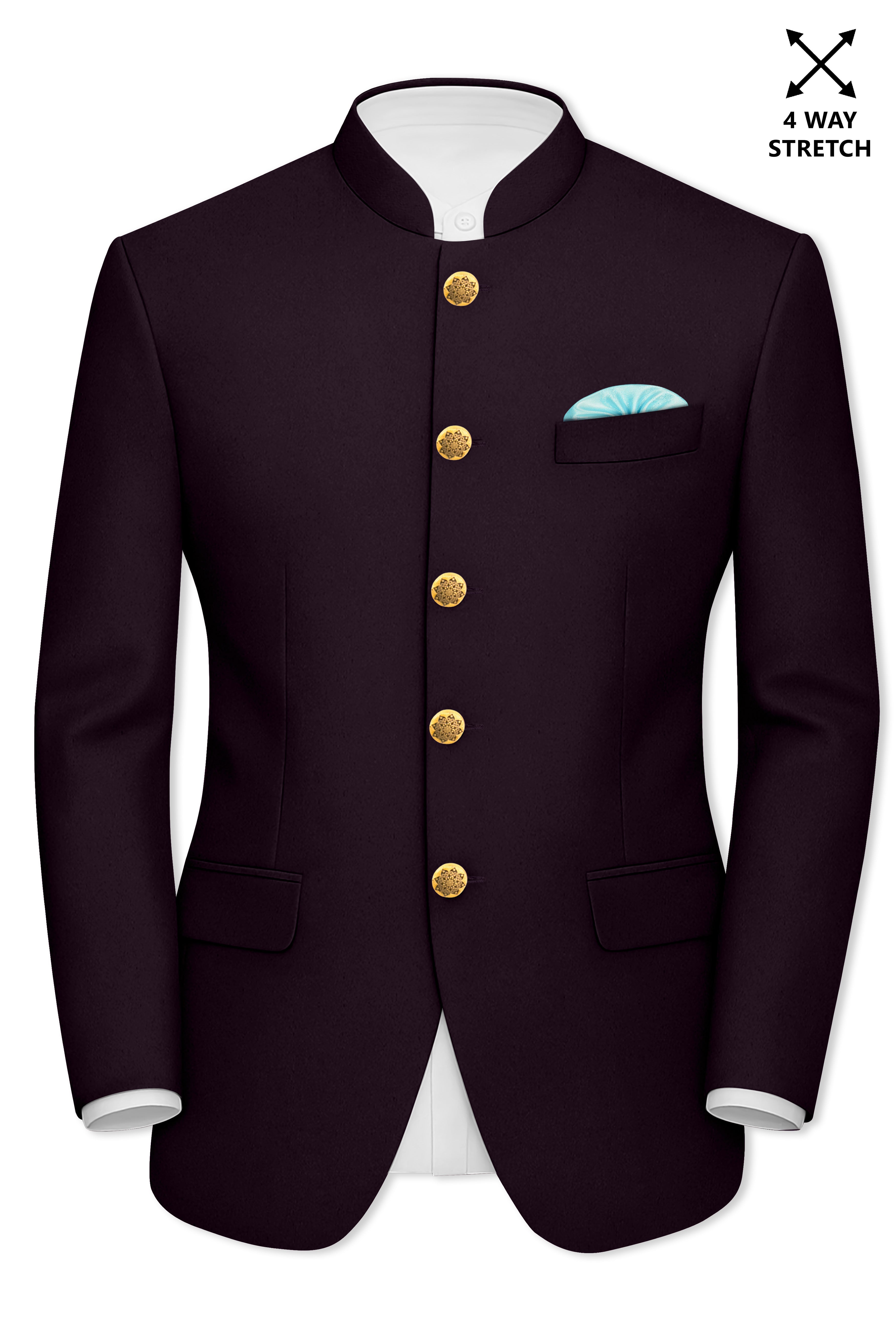 Marenzo-Korean Seal Maroon 4-Way Stretch Wrinkle-Free Wool Rich Bandhgala Blazer